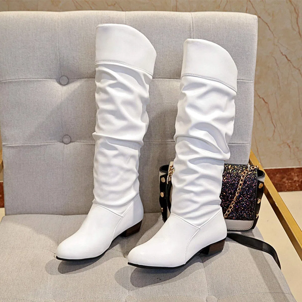 Generisch Punta solida rotonda Donne Stivali antiscivolo tacco scarpe stivali da donna di alta qualità