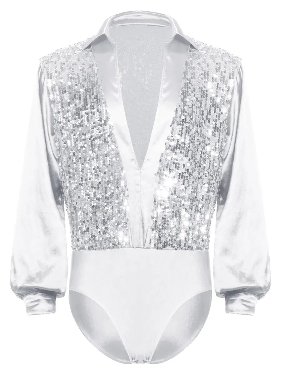 dPois Uomo Camicia Body da Ballo Latino Americano Tango Maniche Lunghe Balletto Leotards con Paillettes Body Ginnastica Ritmica Danza Classica Moderna Dancewear
