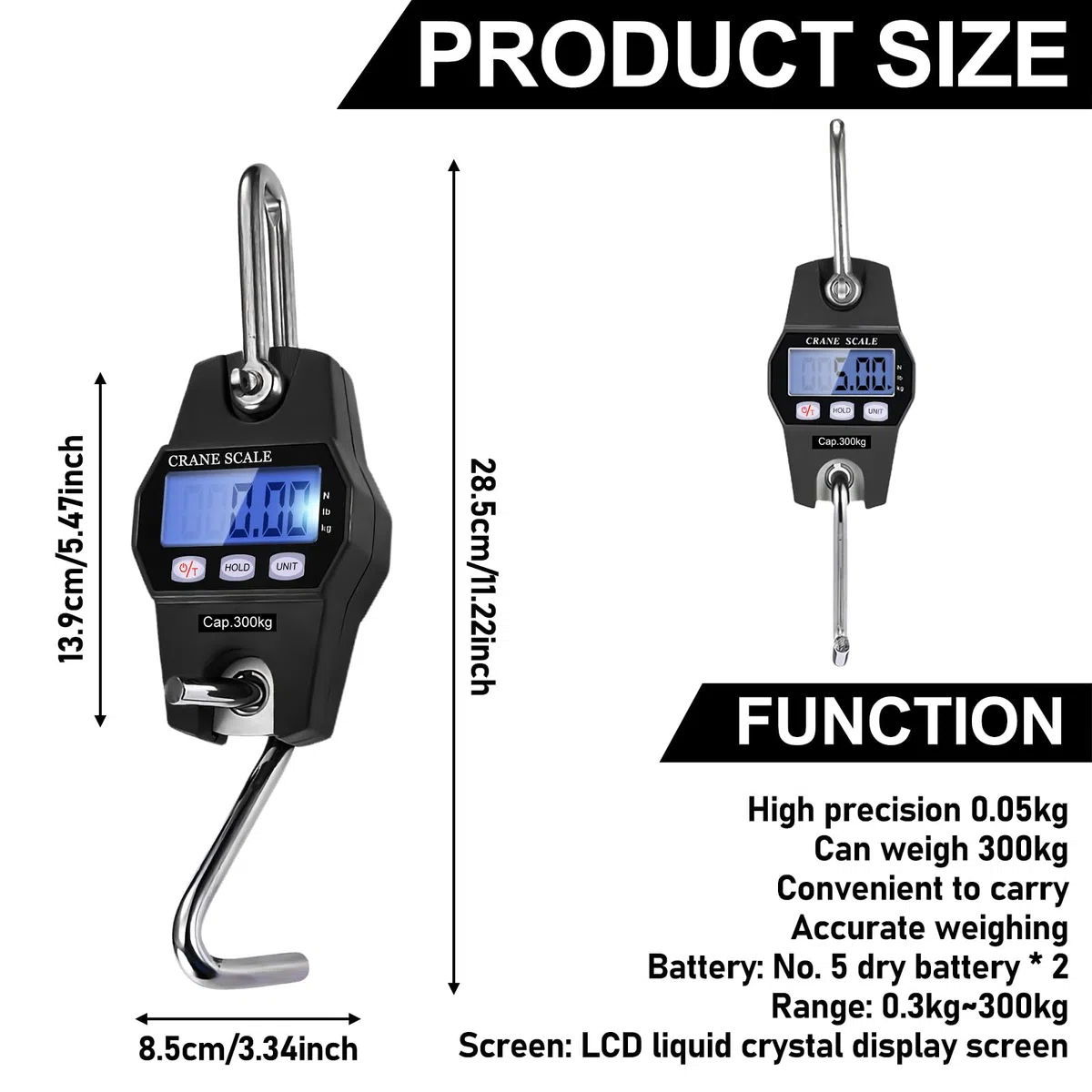 Bilancia sospesa, portatile, digitale, 300 kg, bilancia digitale con gancio, bilancia elettronica con display LCD e sensore a molla di ricarica preciso per viaggi, vita familiare, valigia, pesca (nero