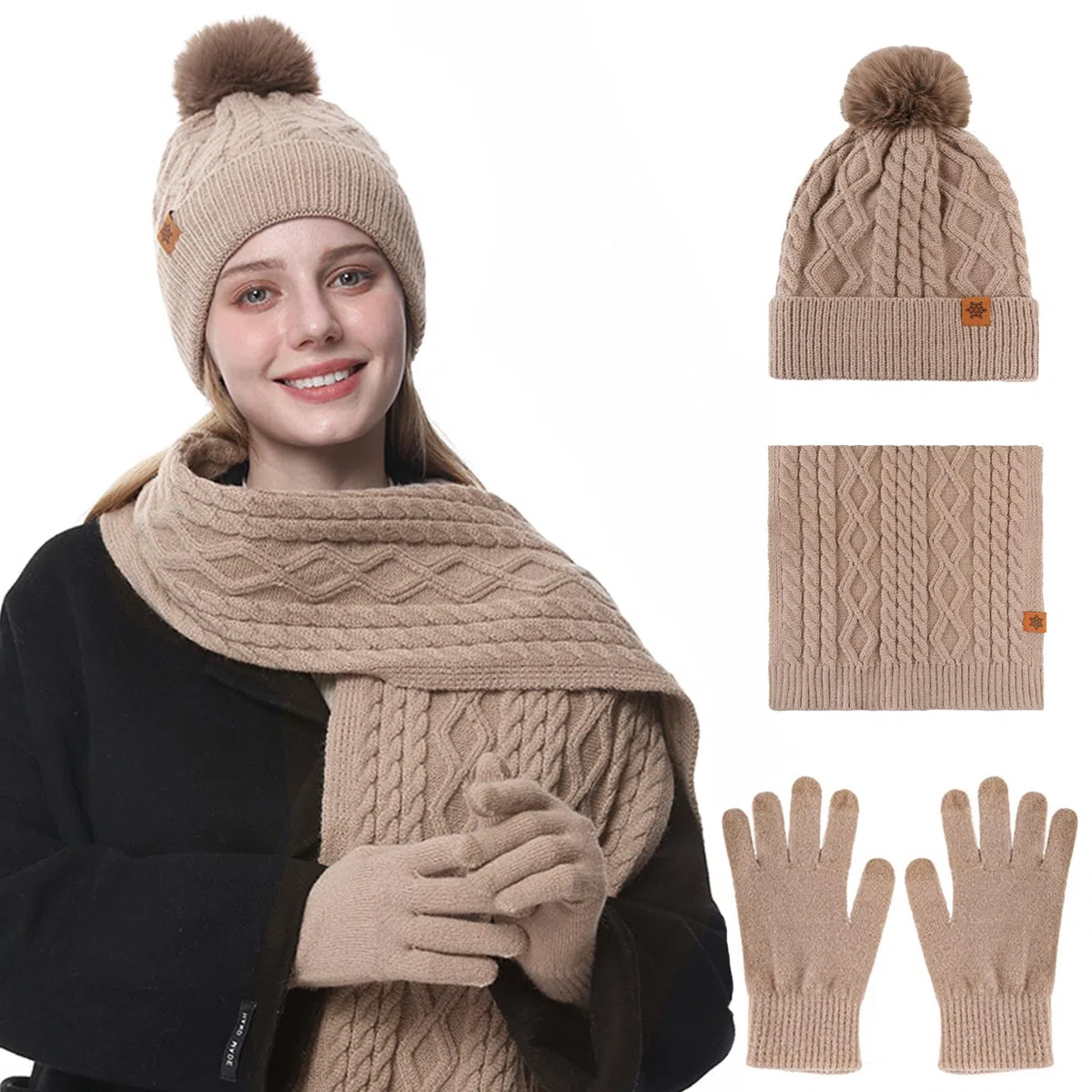 Oneshlee Berretto invernale con touch screen e sciarpa lunga per donna, berretto lavorato a maglia da donna, con palla di peluche, caldo berretto invernale, guanti a maglia, sciarpa, berretto 3 in 1,