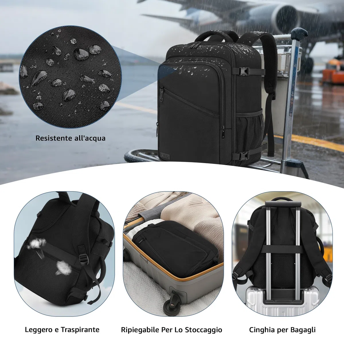 Zaino Ryanair 40x30x20, 25L Bagaglio a Mano Aereo Zaino da Viaggio per Donna Uomo, Impermeabile Zaino per 15.6 pc Travel Bag Compatto Leggero per Eurowings, Wizz Air, ITA Airways, Easyjet, Nero