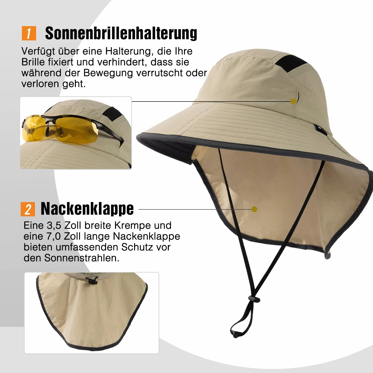 TOP-EX XL/XXL, cappello da sole unisex da uomo, a tesa larga, con protezione per il collo, porta occhiali da sole, cappello estivo, impermeabile e pieghevole