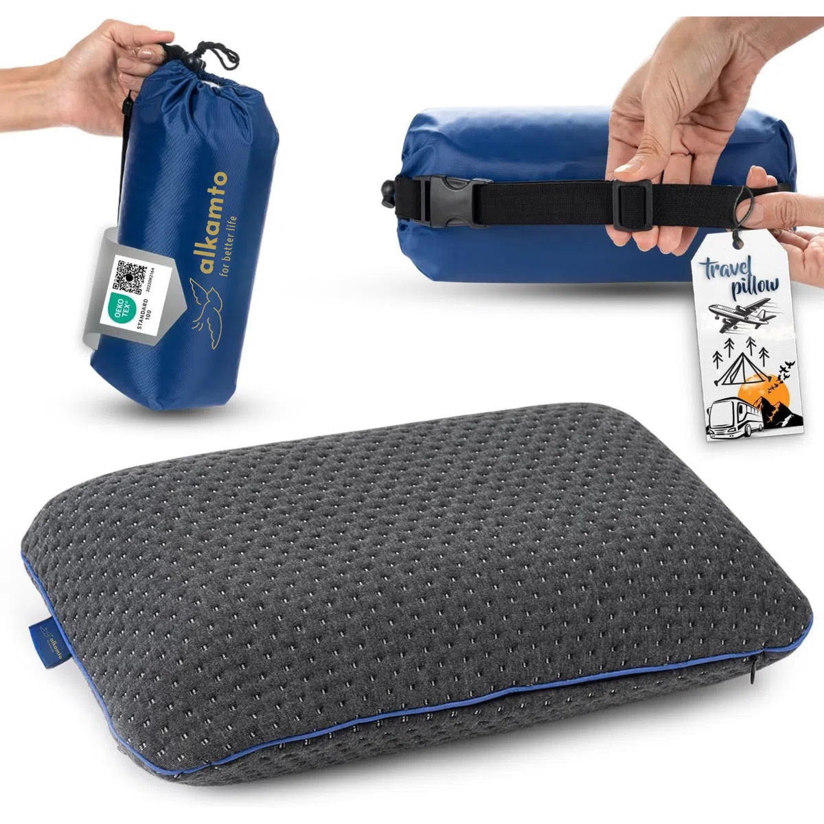 Cuscino da viaggio – Supporto ergonomico per il collo da campeggio in memory foam con federa termoregolante – Borsa da viaggio impermeabile inclusa (Nero)