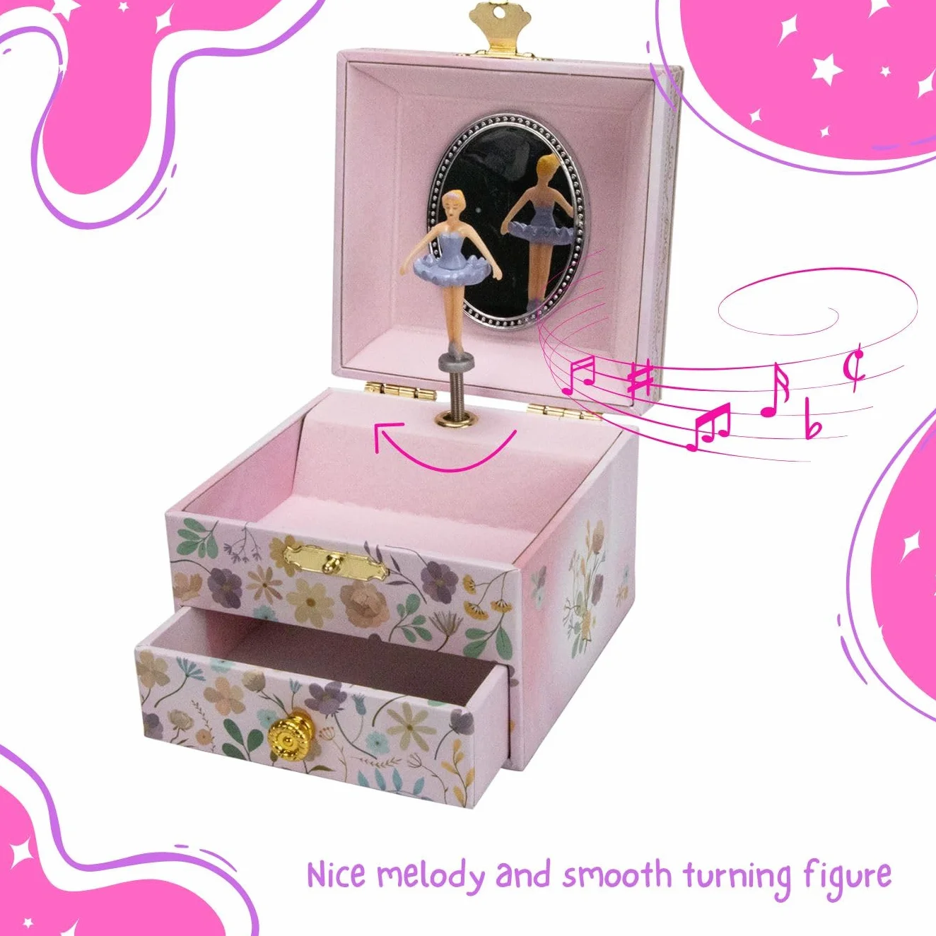 GICO - Portagioie ballerina con cassetto per ragazze, carillon con musica, figura rotante e specchio, regalo di compleanno, scatola portagioie per bambini - 92071