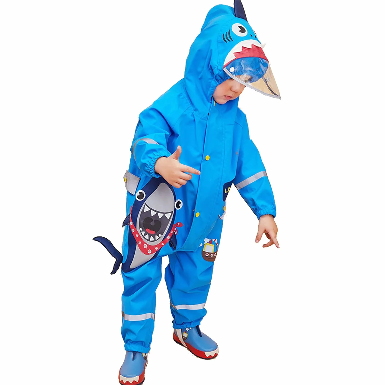 JinBei Vestiti per bambini Ragazzi Ragazze All in One Impermeabile con Cappuccio Impermeabile Unisex Leggero Carino Modello 3D Rainsuits Poncho Traspirante Cappello Trasparente Strisce Riflettenti