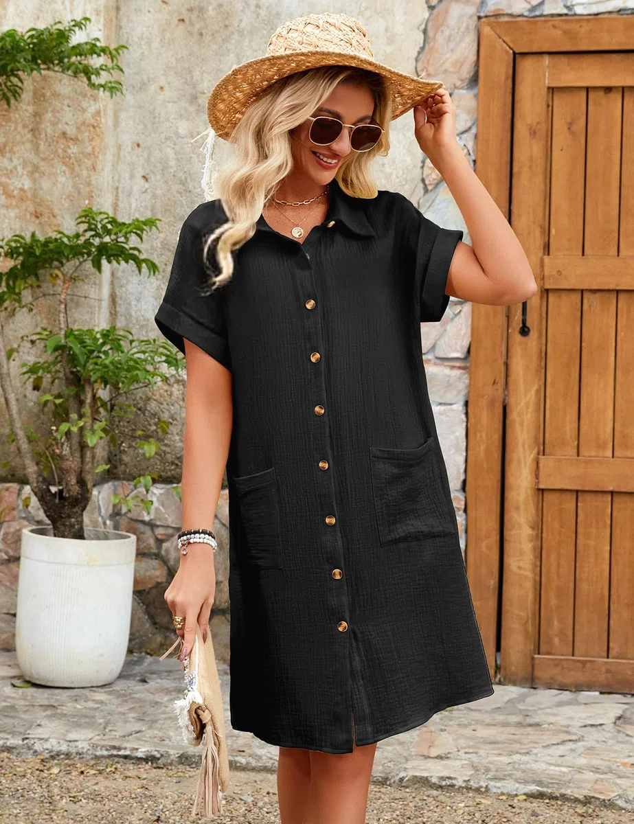 Abito Estivo Donna Vestiti Camicia con Bottoni Vestito Scollo a V Maniche Corte Casual Elegante Abiti Comodo Cotton Larghi Copricostume Spiaggia Mare con Tasche