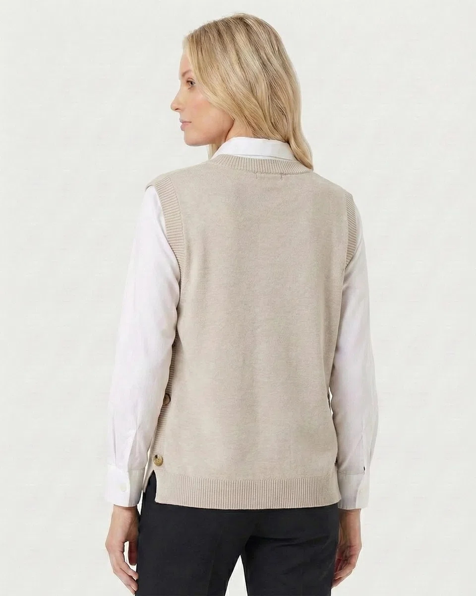 Maglione da donna con scollo a V, senza maniche, maglione, lavorato a maglia, con bottoni laterali, asimmetrie, canotte a costine