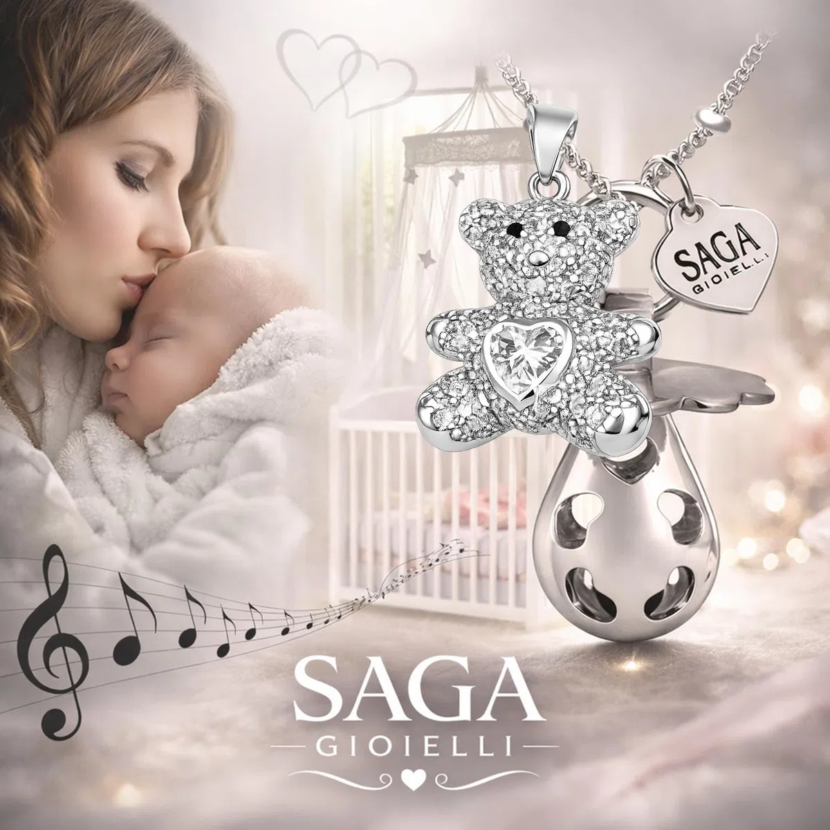 SAGA GIOIELLI® Collana Donna Chiama Angeli Gravidanza Richiamo degli Angeli Donna Incinta Ciuccio Orsacchiotto