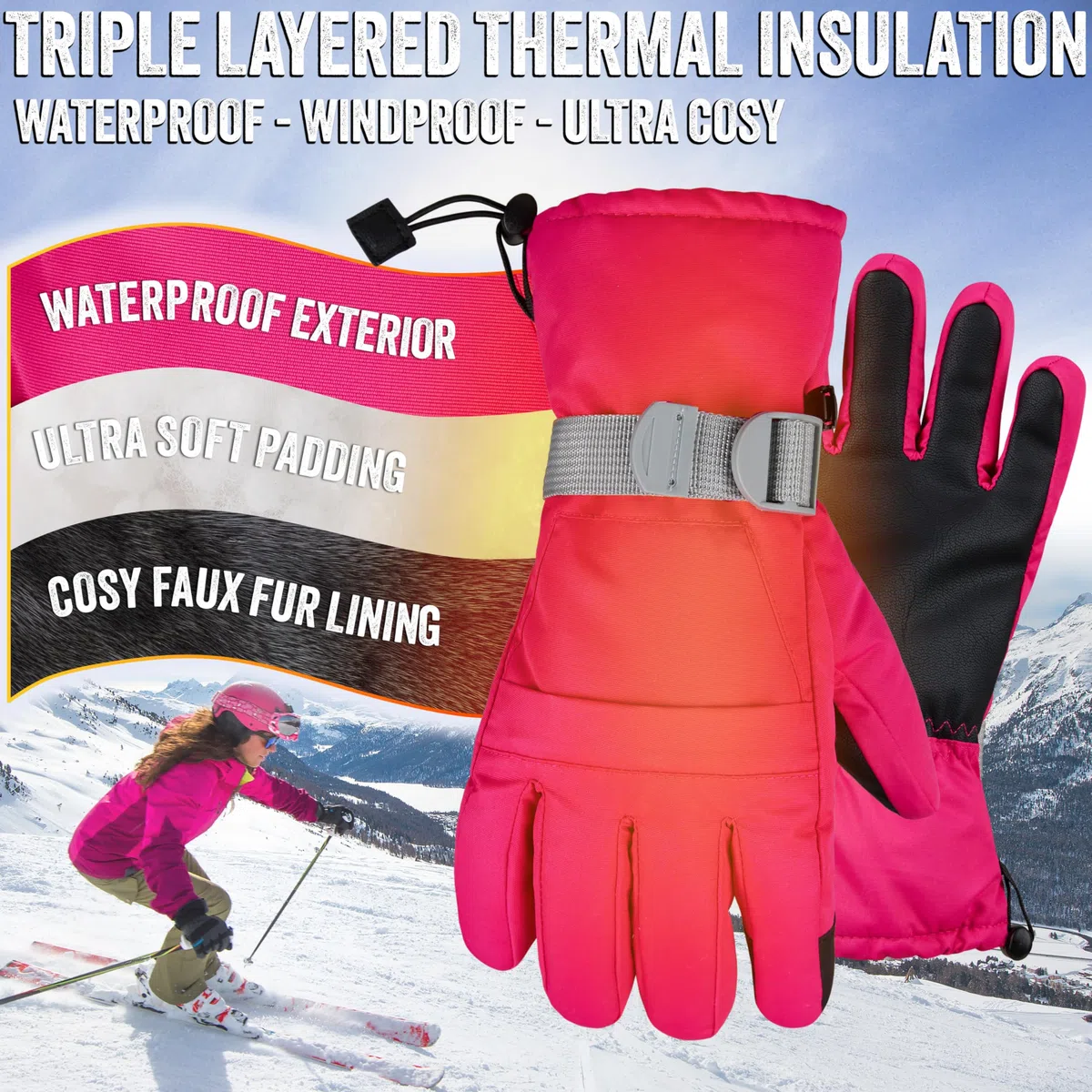 CityComfort Guanti da Sci Donna - Guanti Invernali con Touch Screen Guanti Termici Impermeabili Imbottiti per Neve Snowboard Freddo
