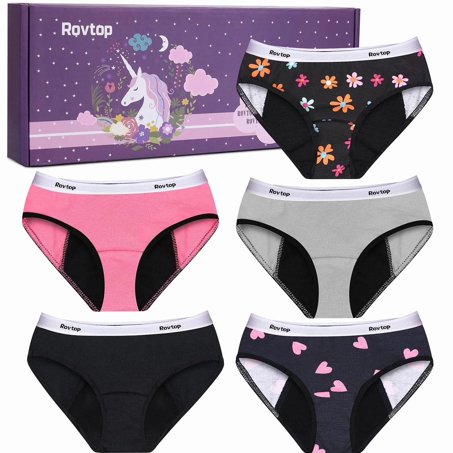 Rovtop Girls Menstrual Period Pants Teenager, Kids 5Pcs Soft Cotton Menstrual Briefs, Period Knickers Girls Leak-Proof, Clean And Washable, Teenage Menstrual Underwear for 8-16 Years Black