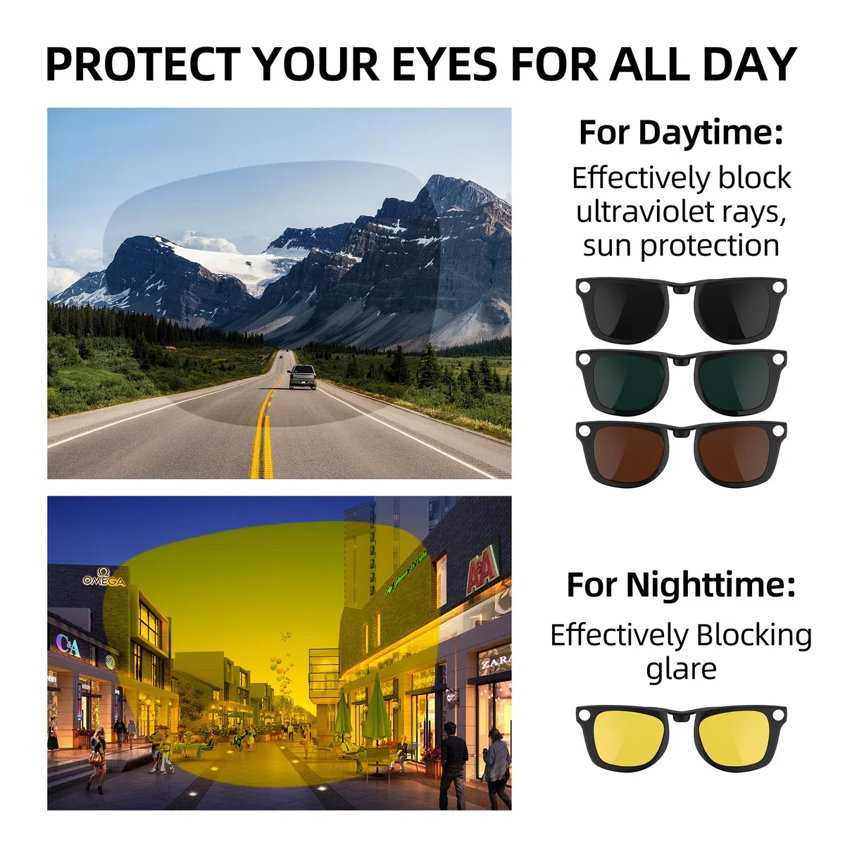 HiBloks - 3 clip polarizzate a clip, compatibili con Ray-Ban Meta Wayfarer e Gen 2 (RW4008/RW4012 Large), clip scolorimento per accessori Rayban Meta Gen 2 (verde scuro, giallo visione notturna, nero)