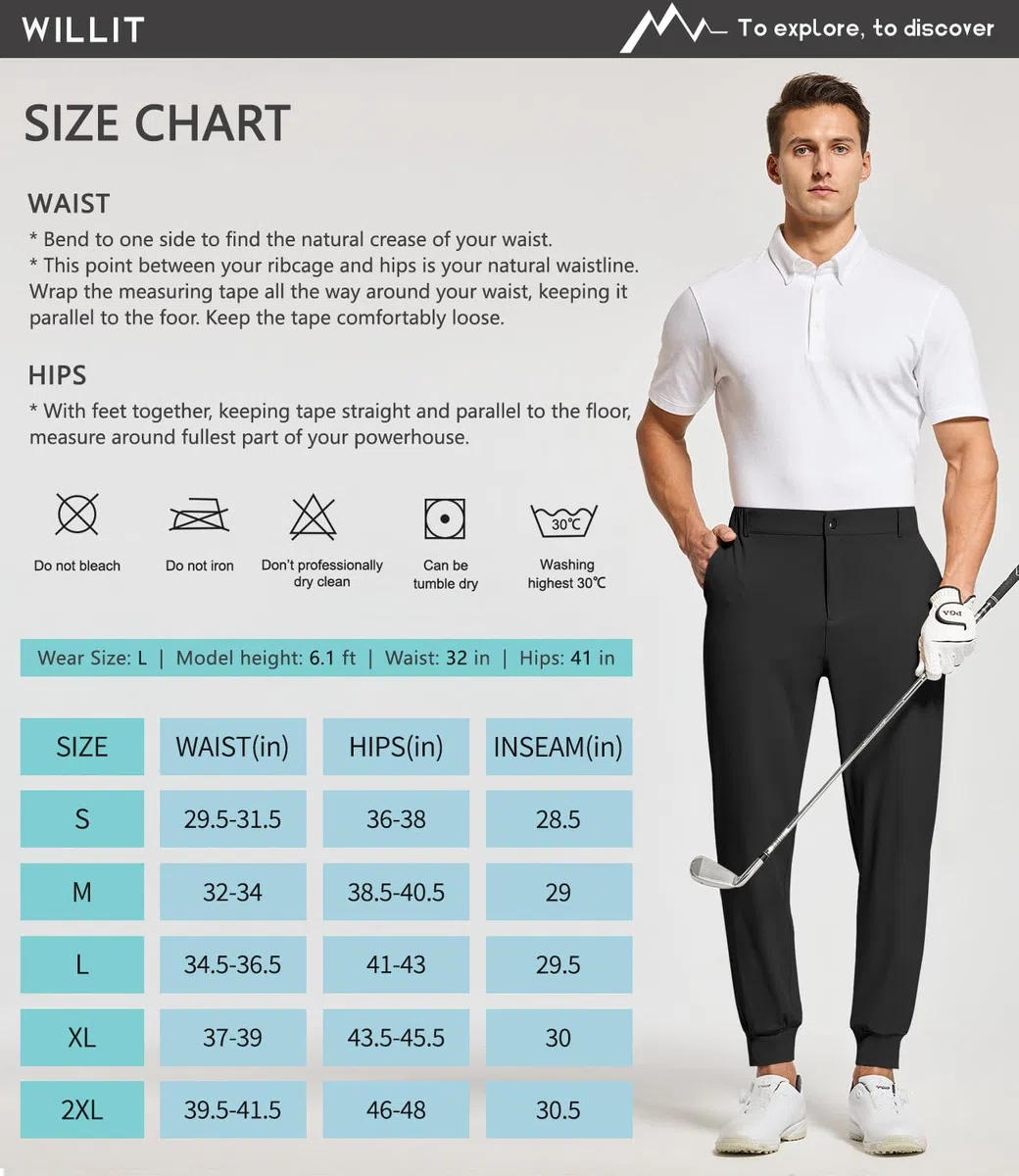 WILLIT Pantaloni da golf da uomo, elasticizzati, slim fit, asciugatura rapida, lunghi da golf, con tasche