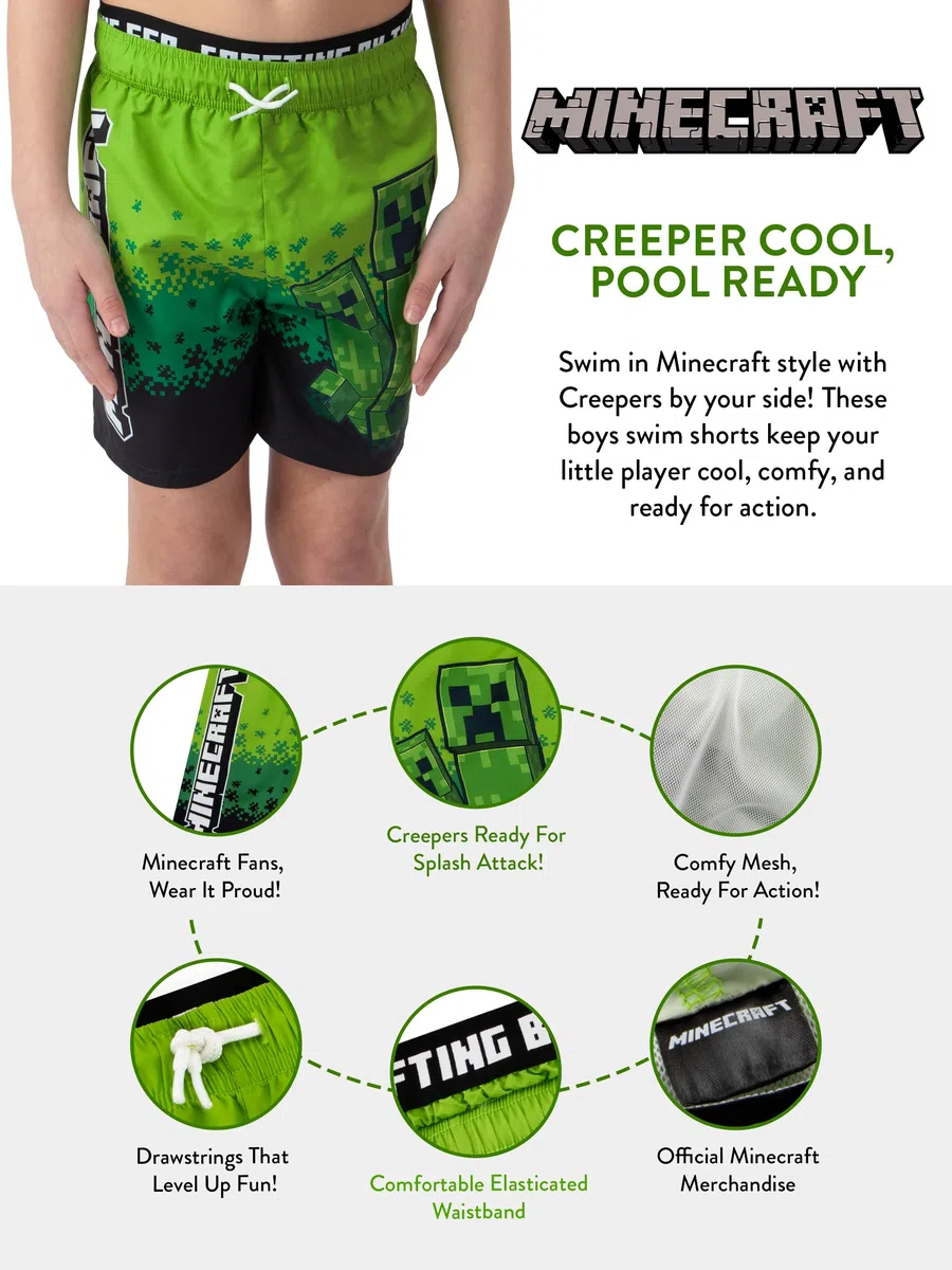 MINECRAFT Costume Piscina Bambino, Boxer Mare Bambino Creeper, Costume Nuoto Ragazzo Gamer