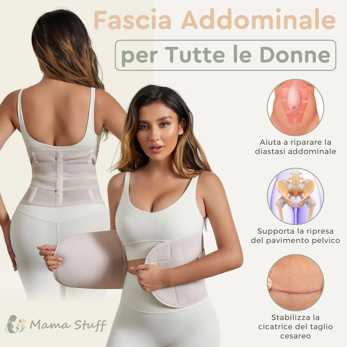 BellyHug – Fascia Post Parto per Recupero Addominale | Pancera Contenitiva Ideale Dopo Cesareo, Compressione Regolabile e Traspirante (Beige, L)