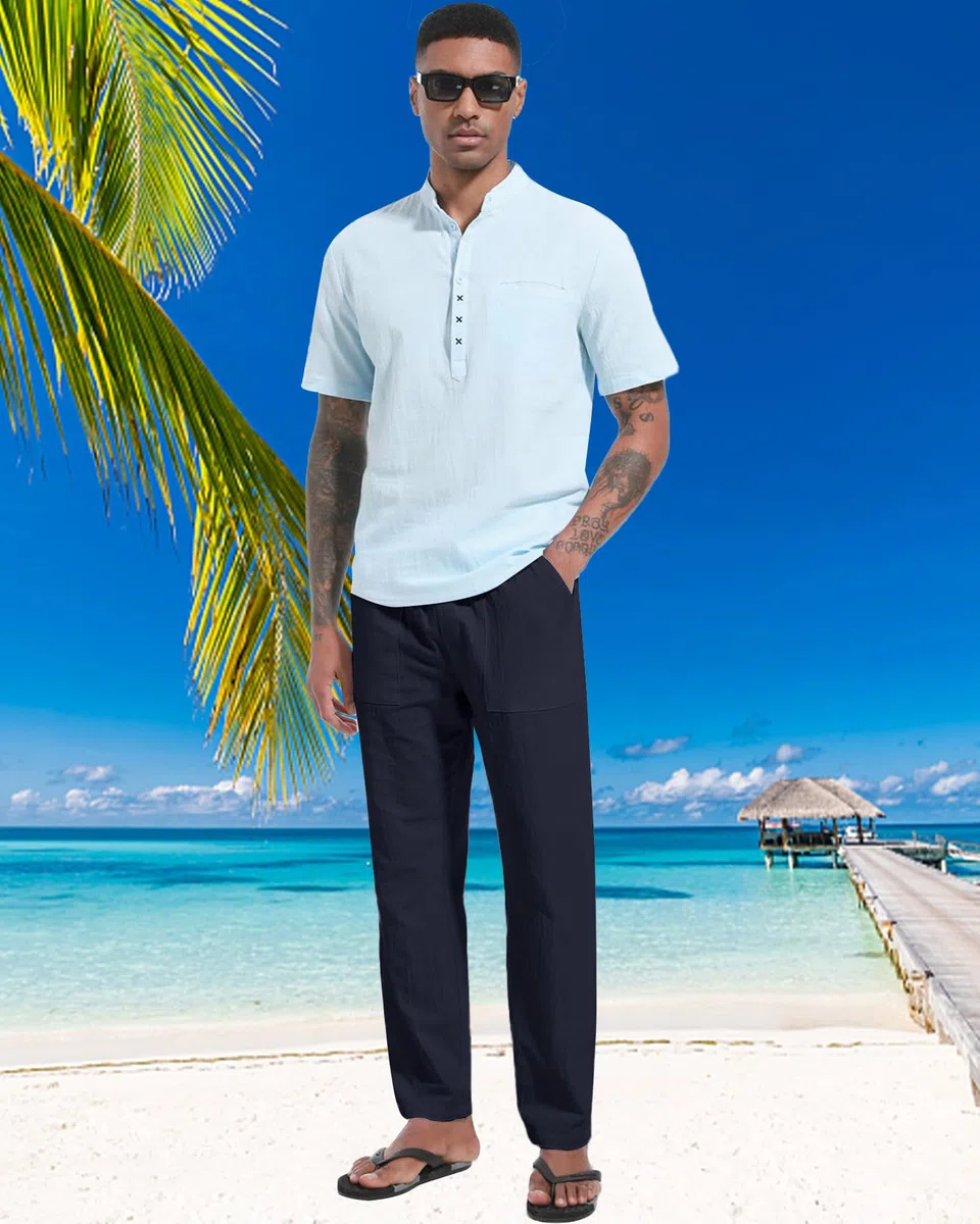 LVCBL Pantaloni Sportivi Casual in Lino da Uomo Estivi Larghi per Yoga Spiaggia con Elastico in Vita,M-3XL