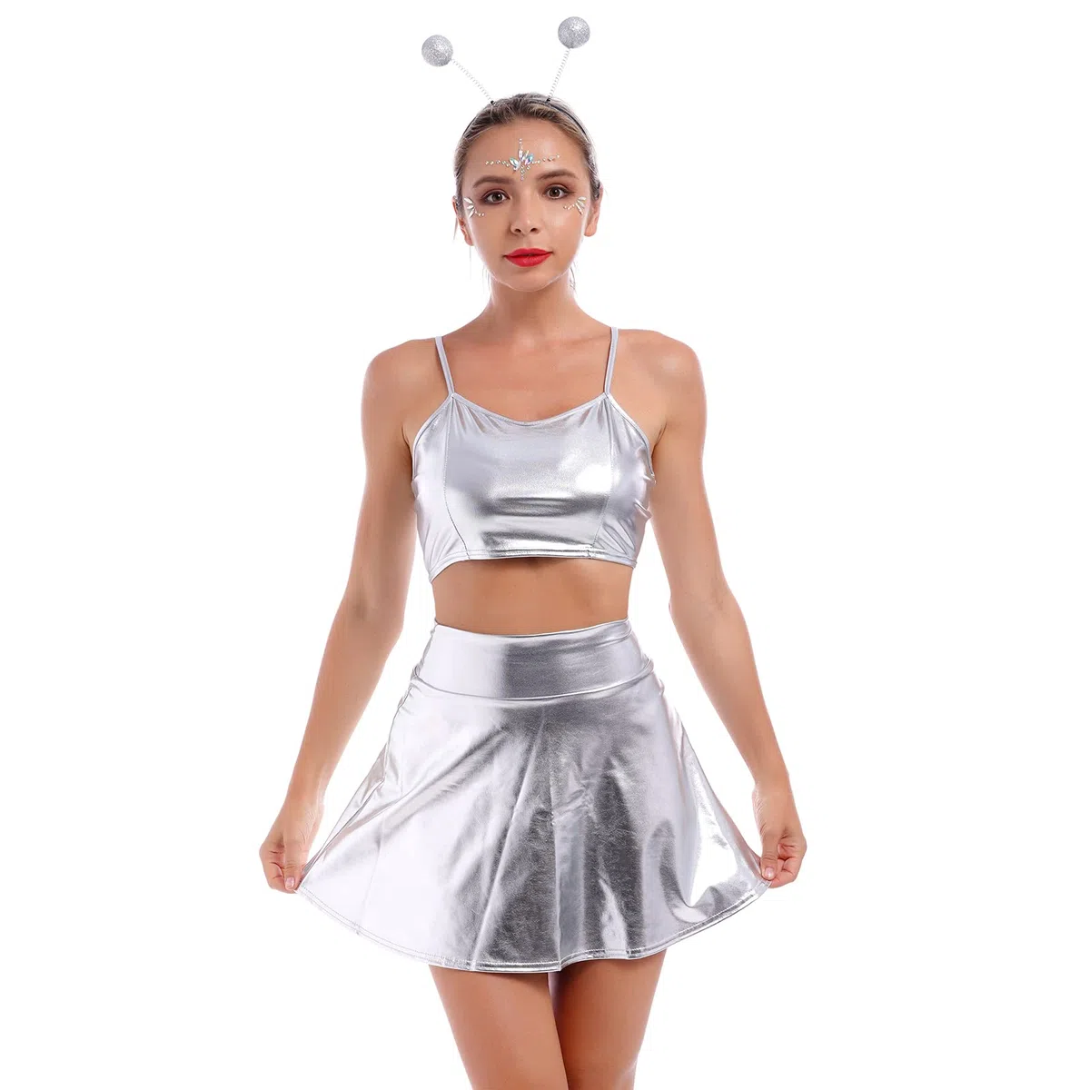 Alien Costume sexy da donna con glitter metallizzati, top crop + mini gonne + cerchietto alieno