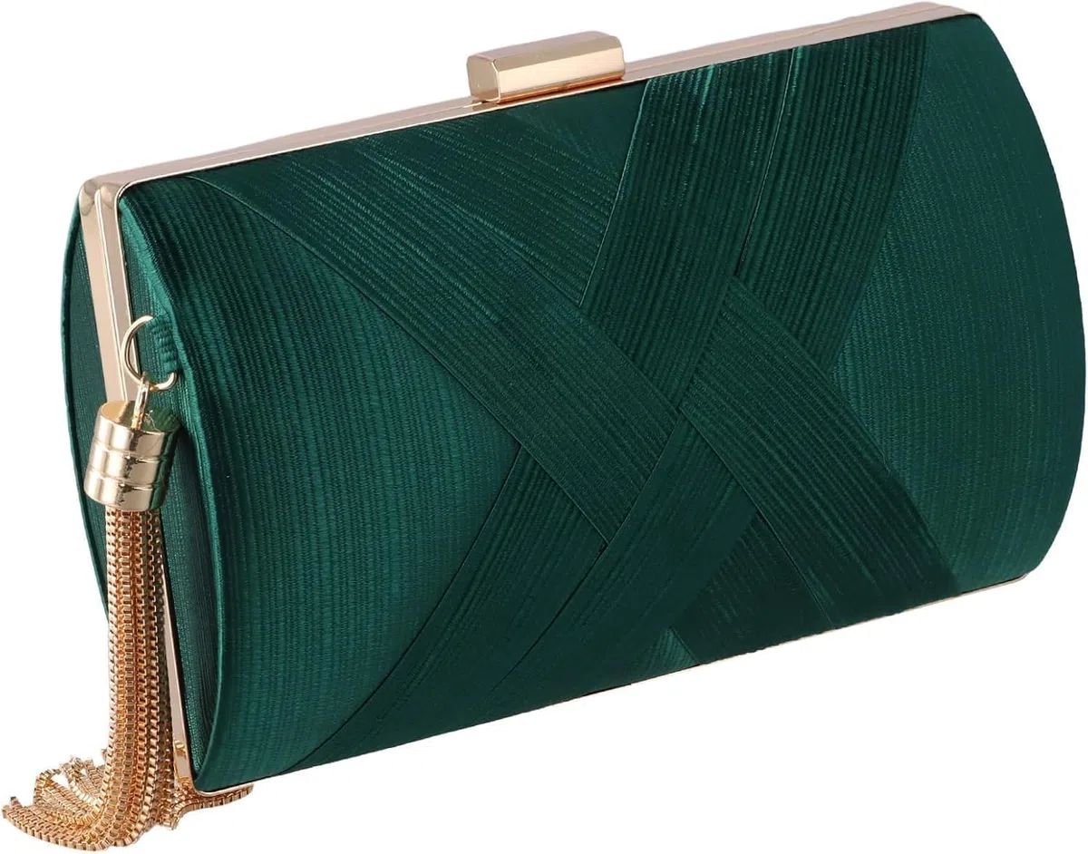 Pochette Oro da Sera Clutch Donna Pochette Dorata Cerimonia con 2 Catena, Elegante Borsa da Sera con Nappa da sposa Borsa Tracolla Piccola Borsetta per Feste di Matrimonio (Verde)