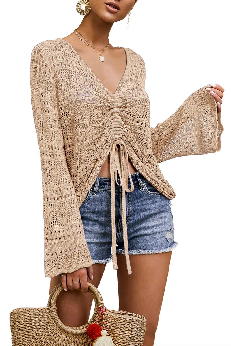 Saodimallsu Pullover da donna Boho Off Spalla Trasparente Crop Top Manica a Campana Fluido Oversize Crochet Increspato Pullover Maglioni