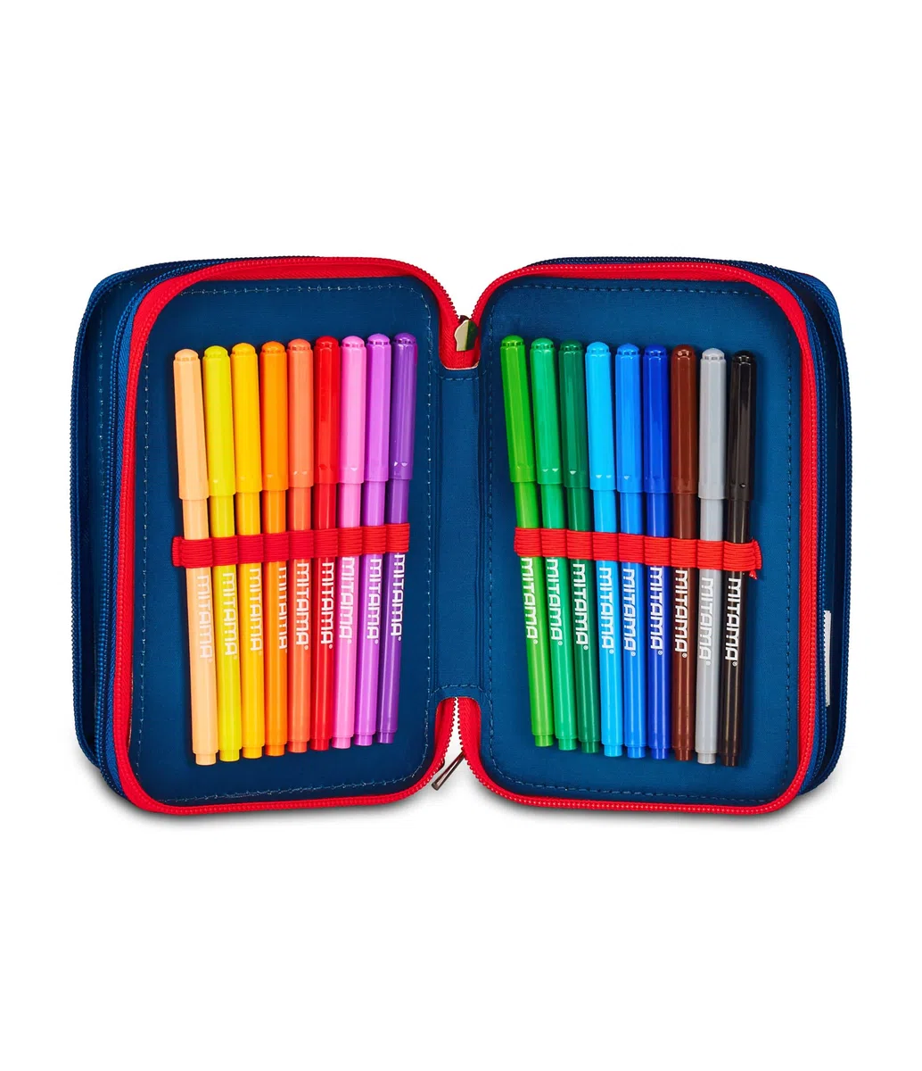 Seven Minnie Astuccio Scuola 3 Zip, Blu Denim, Portapenne Triplo Scomparto Completo Di Penne, Matite, Colori, Scuole Elementari, Bambina