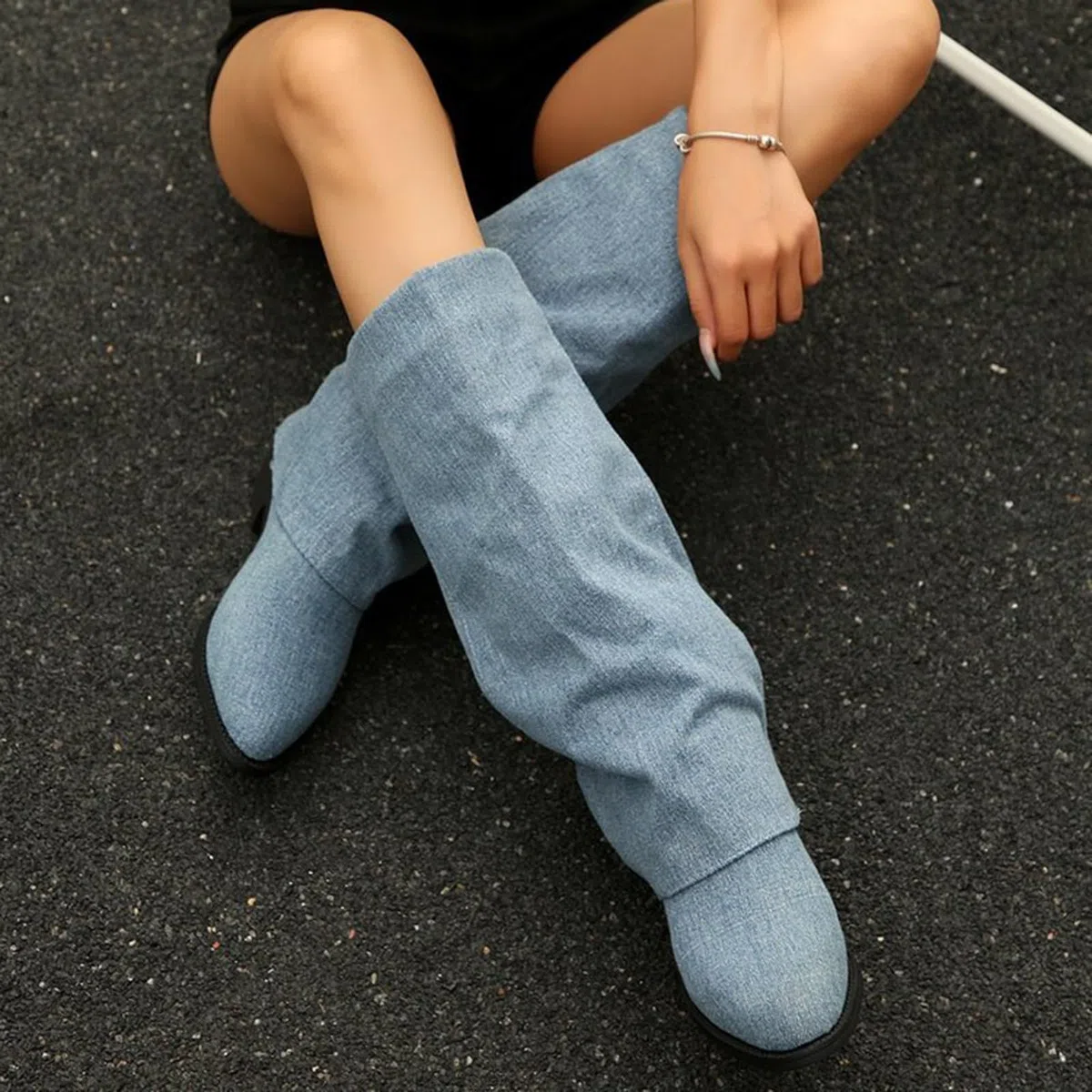 Stivali alti al ginocchio, da donna, pieghevoli, da donna, con tacco, con tacco a blocco, stivali lunghi da donna, eleganti e comodi