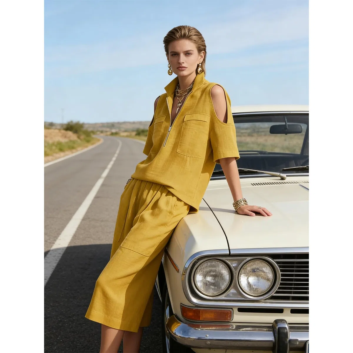 amropi Completo Estivo 2 Pezzi Donna Camicia a Maniche Corte Spalle Scoperte con Scollo a V Cerniera e Pantaloni Cropped a Gamba Larga Set Casual Tuta