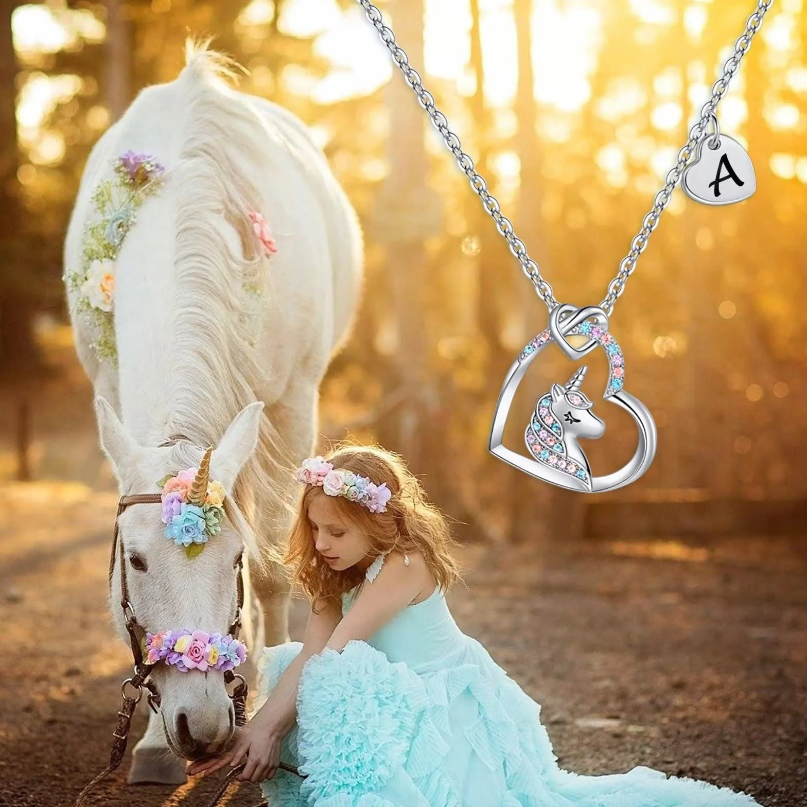 TINGN Collana Unicorno Regali per Ragazze, Ciondolo Cuore Iniziale Placcato Oro Bianco 14k CZ Collana con Iniziale Unicorno per Ragazze Compleanno Unicorni Regali per Ragazze Gioielli da Donna
