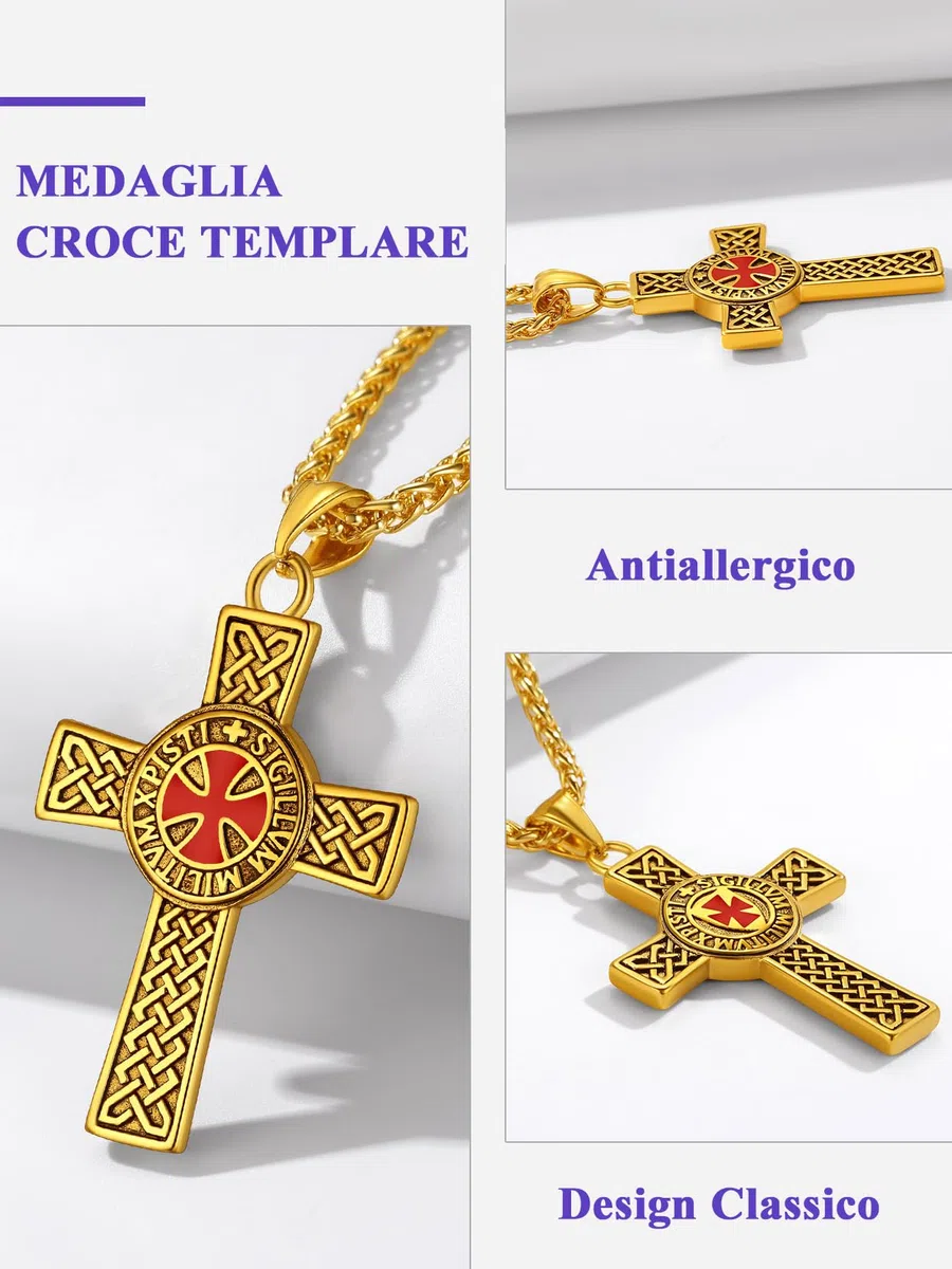 Richsteel Collana con Ciondolo Croce Templare Croce Rossa Elegante da Uomo Unisex Simbolo Cavalieri Templari Argento/Nero/Oro Gioielli Amuleto Regali per Coppie Genitori