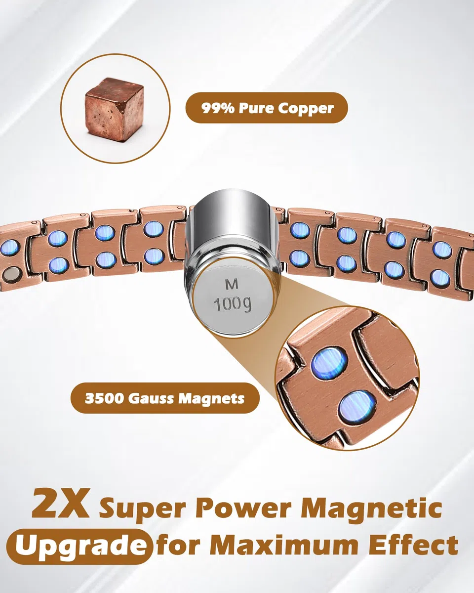 Jeracol Braccialetti da uomo in rame 99% Soild, braccialetto in rame con magneti, dimensioni regolabili e confezione regalo per gioielli, 22 cm
