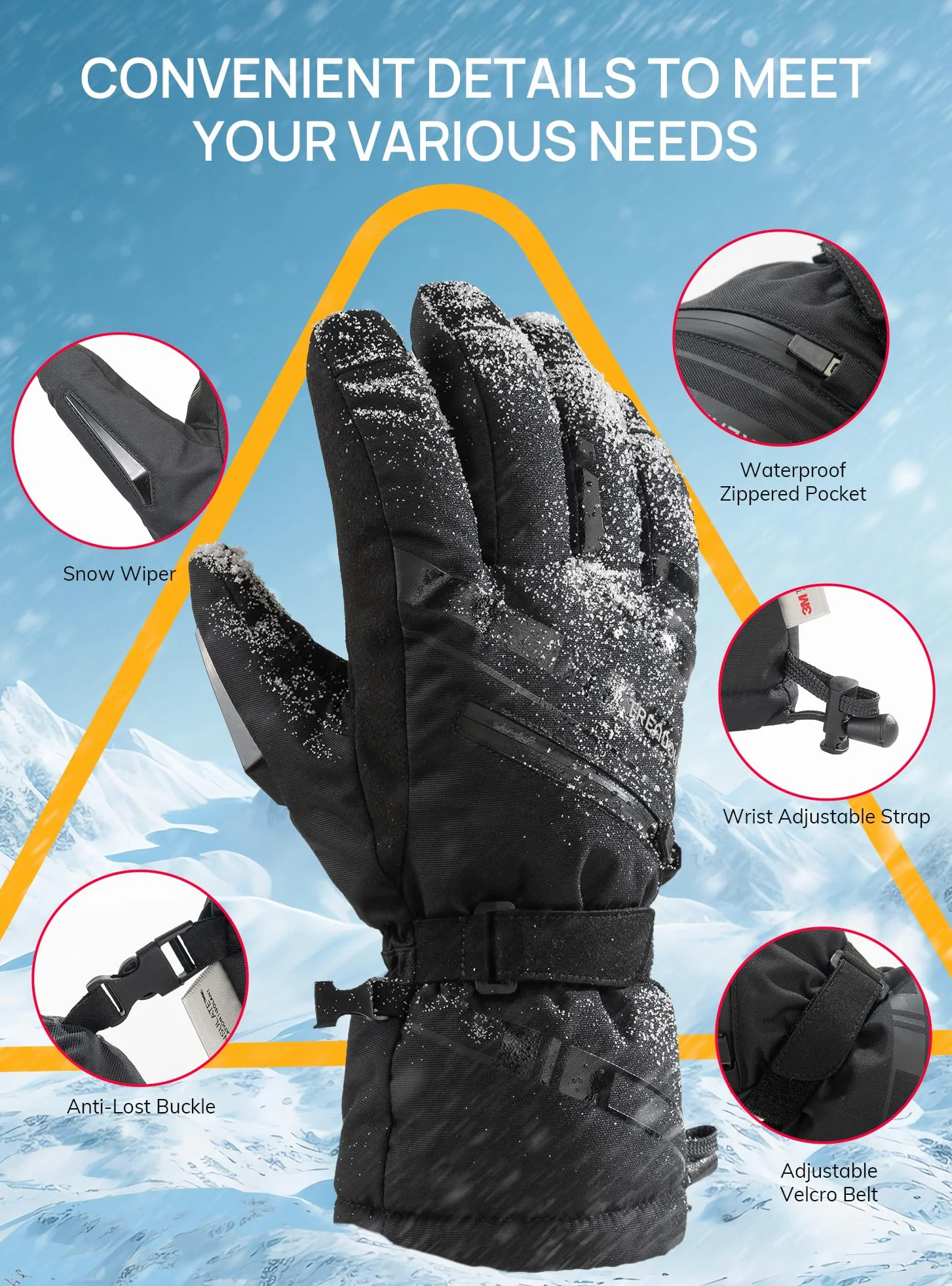 TRENDOUX Guanti da Sci Invernali Impermeabili: Guanti Termici Touch Screen Tempo di Freddo Estremo per Uomo Donna, 3M Thinsulate Caldi Ideale per Snowboard Running Neve Scooter Riscaldati Moto