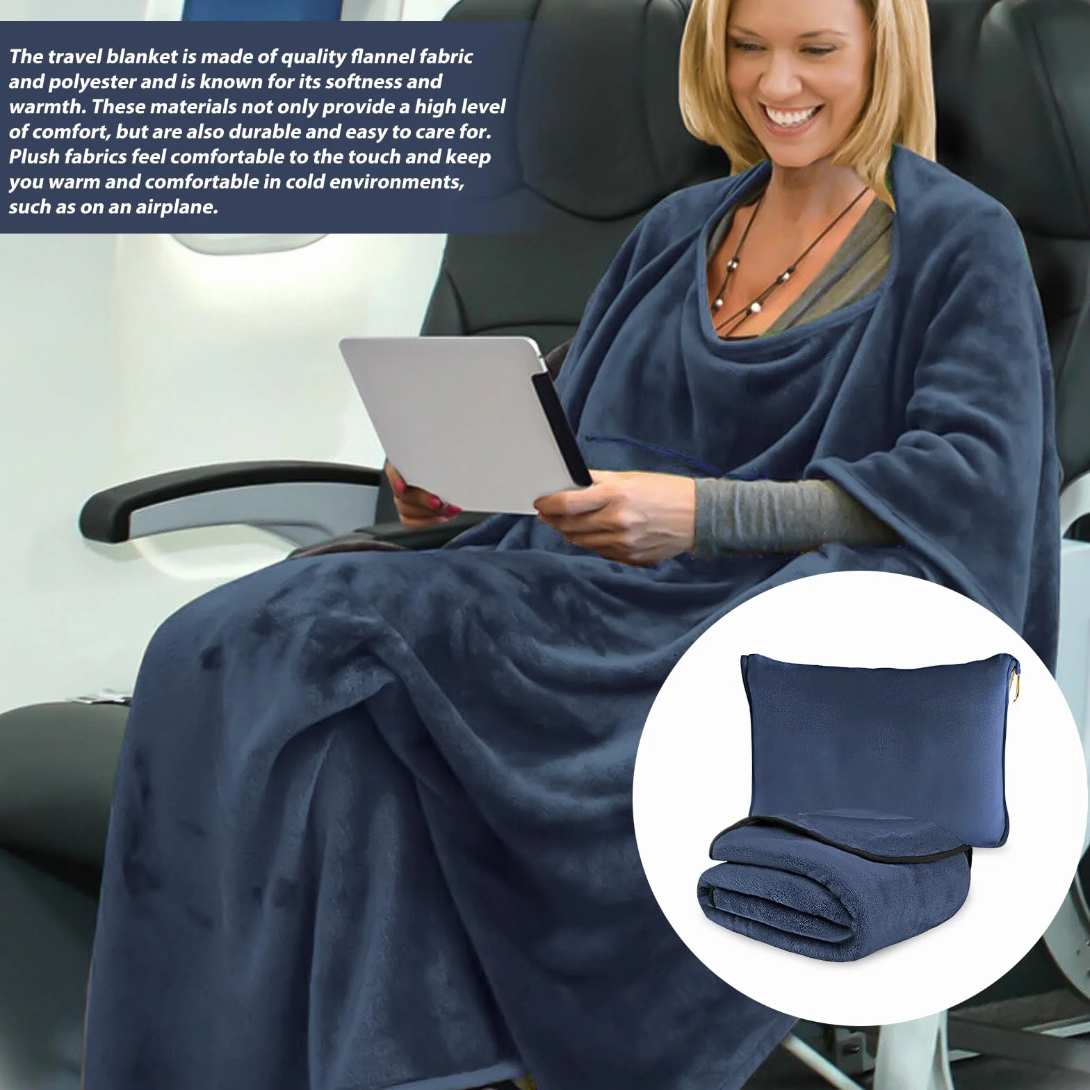 Coperta da Viaggio per Aereo, Cuscino Trasformabile 2 in 1, Coperta Portatile per Aereo con Fissaggio per Valigia, per Ufficio, Viaggi d'Affari, Viaggi, Ultraleggera e Calda - Blu Marina - 152