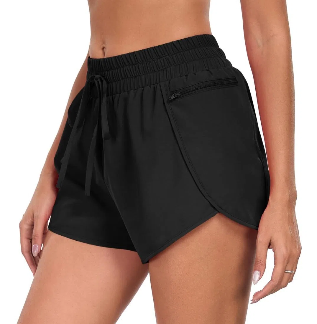 PrinStory Pantaloncini sportivi da donna, corti da corsa, 2 in 1, con spacco laterale, con tasca per cellulare
