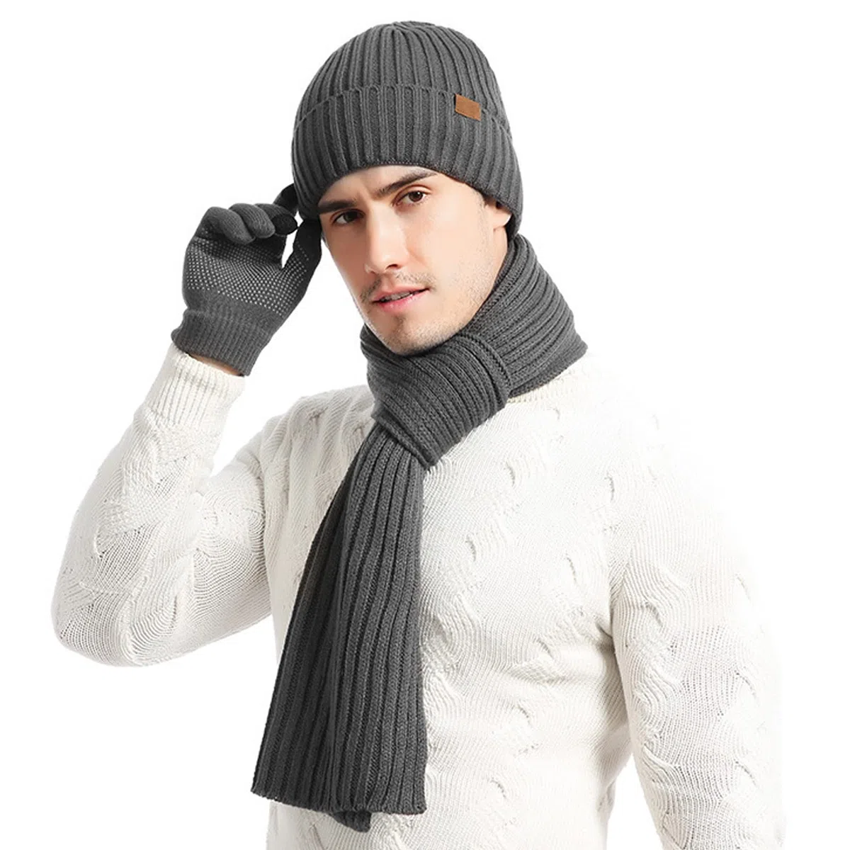 TAGVO Set Invernale Uomo: Guanti Touch Screen, Sciarpa Lunga e Cappello In Maglia - Regalo Morbido Per Outdoor