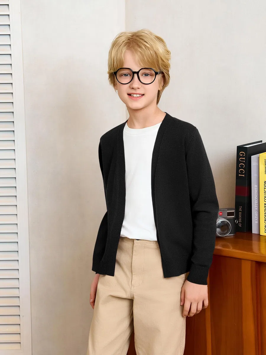 Haloumoning Cardigan per uniforme scolastica per bambini, lavorato a maglia, aperto sul davanti, a maniche lunghe, 5-14 anni