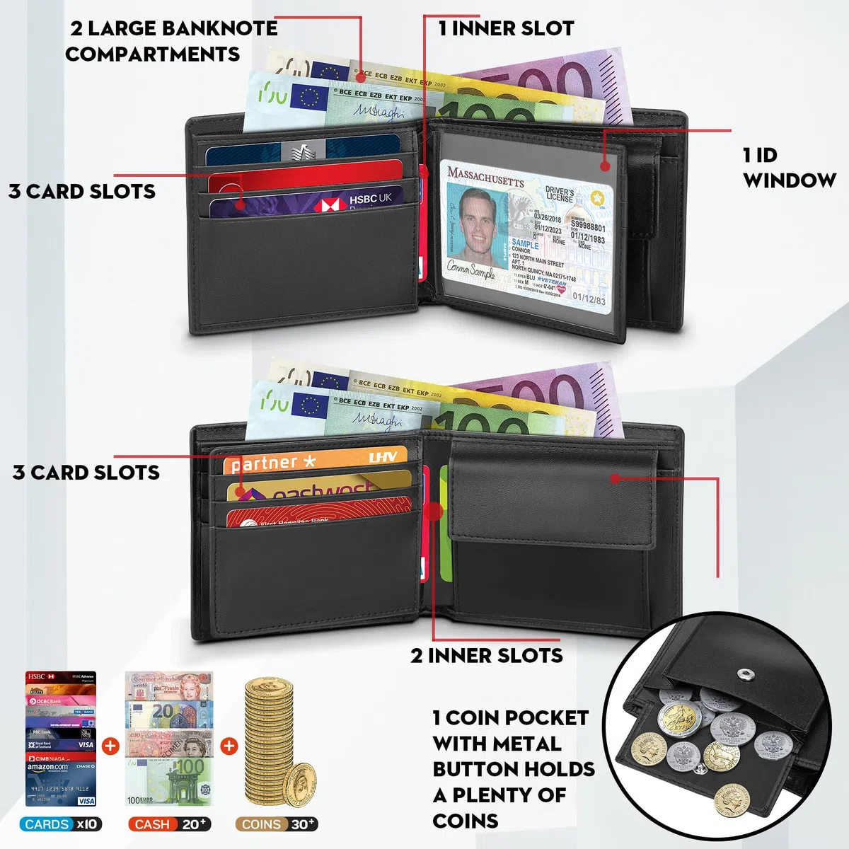 WONSEFOO Portafoglio Uomo Slim Pelle Blocco RFID, Con Portamonete, Porta Chiavi e Carte di Credito, Finestra ID, Scomparti Banconote e Confezione Regalo, Piccolo Brifold (9 * 14 * 2.6 CM)