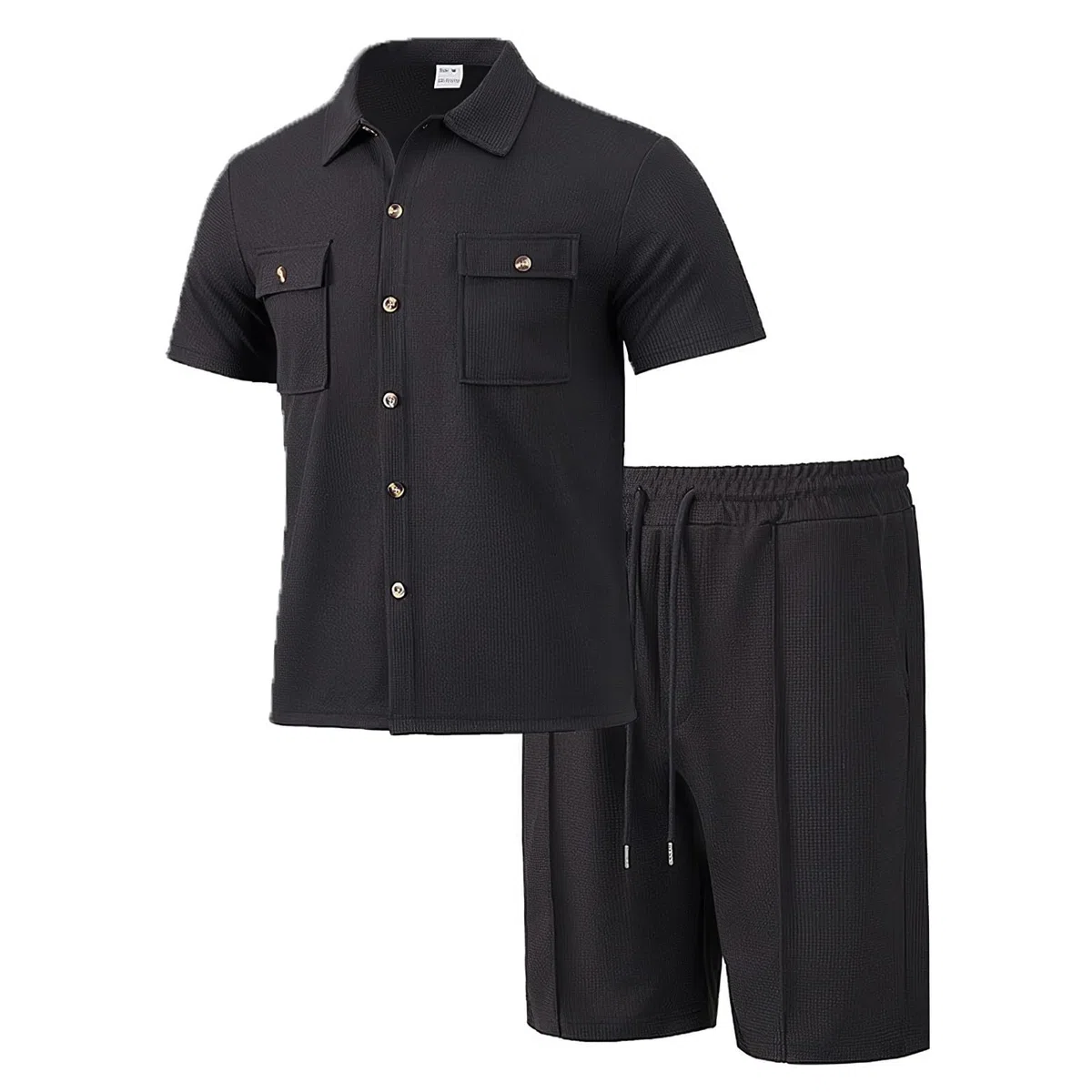 amropi Tuta Uomo Corto 2 Pezzi Waffle Maniche Corte Camicia Bottone e Pantaloncini Casual Estiva Completo