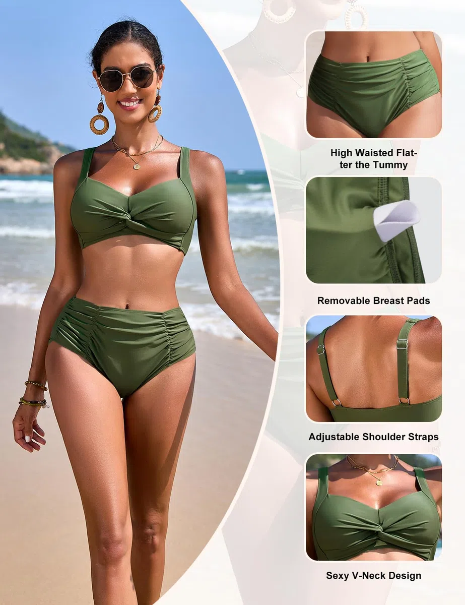 Costume Donna Due Pezzi Vita Alta Curvy Tonificare l'addome Bikini Push Up Sexy Scollo a V Costumi da Bagno Piscina sulla Spiaggia