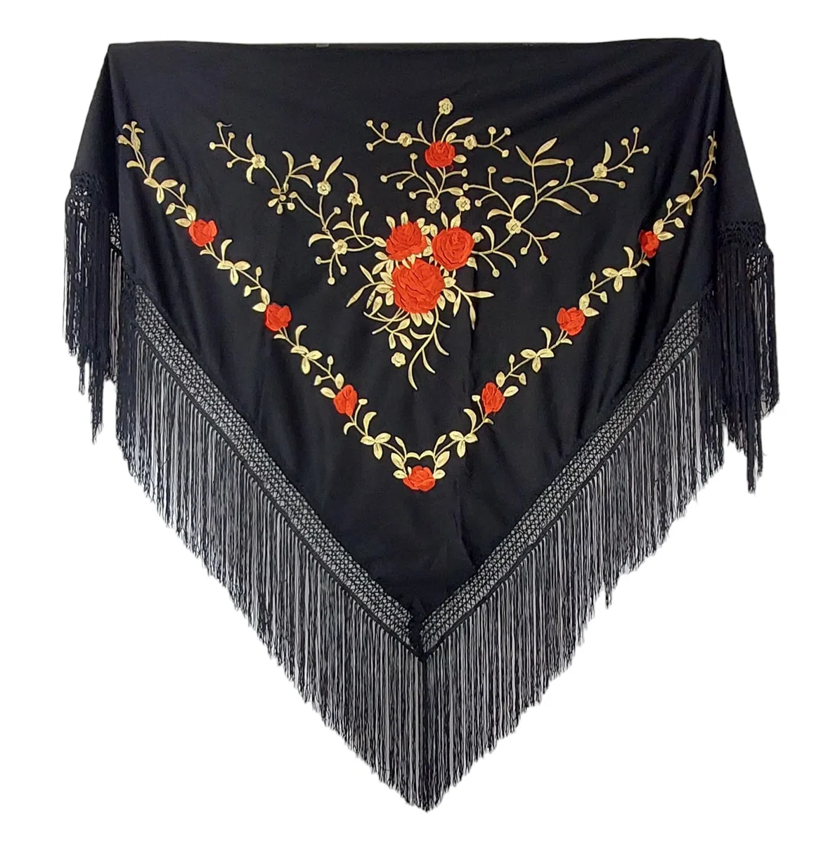 Scialle ricamato triangolare con frange 150/100/20, Nero Rosso Giallo, M