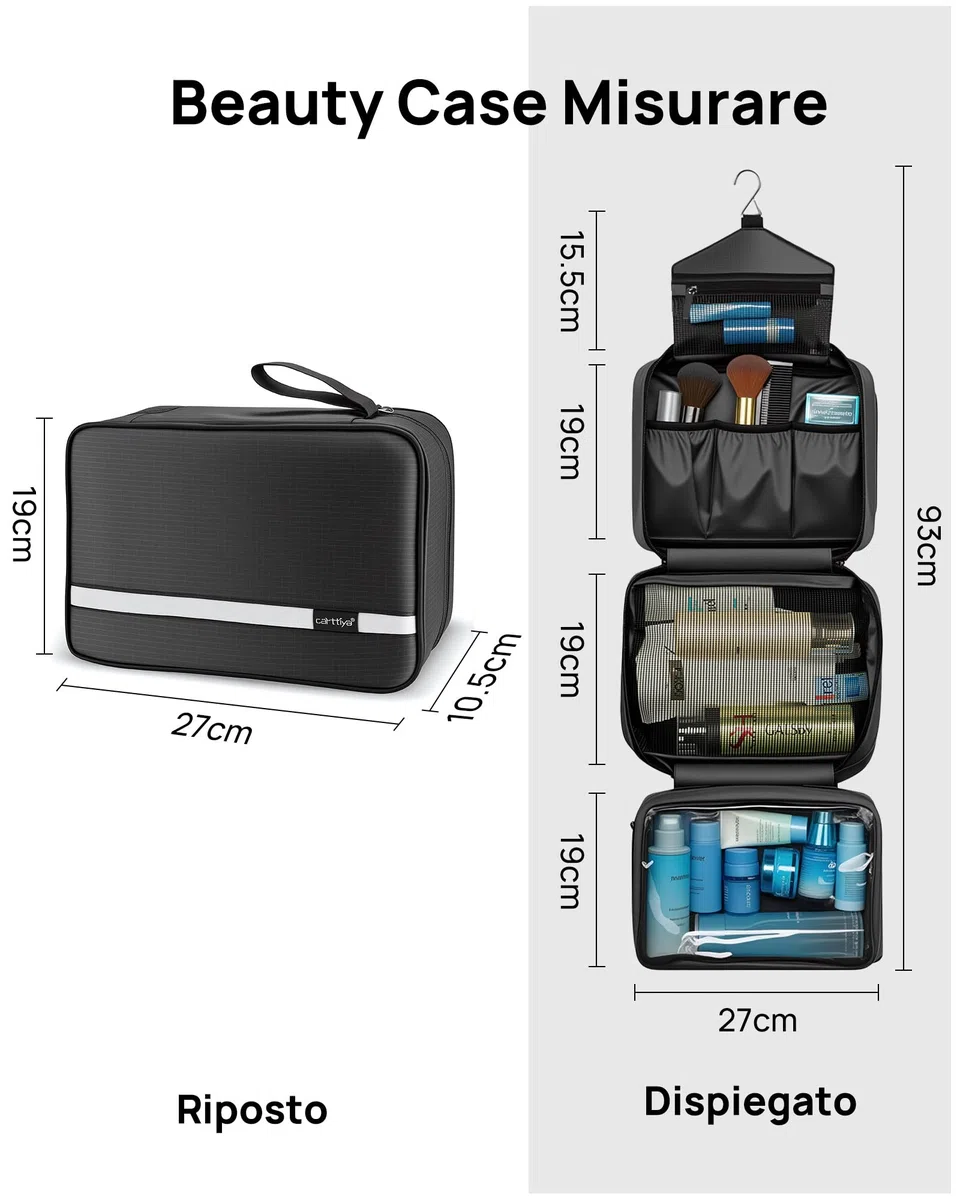 Beauty Case da Viaggio, Borsa da Toilette per Donna Uomo Beauty Case Grande Impermeabile, Gancio in Metallo per Appendere, idee regalo natale 2025 (Nero)
