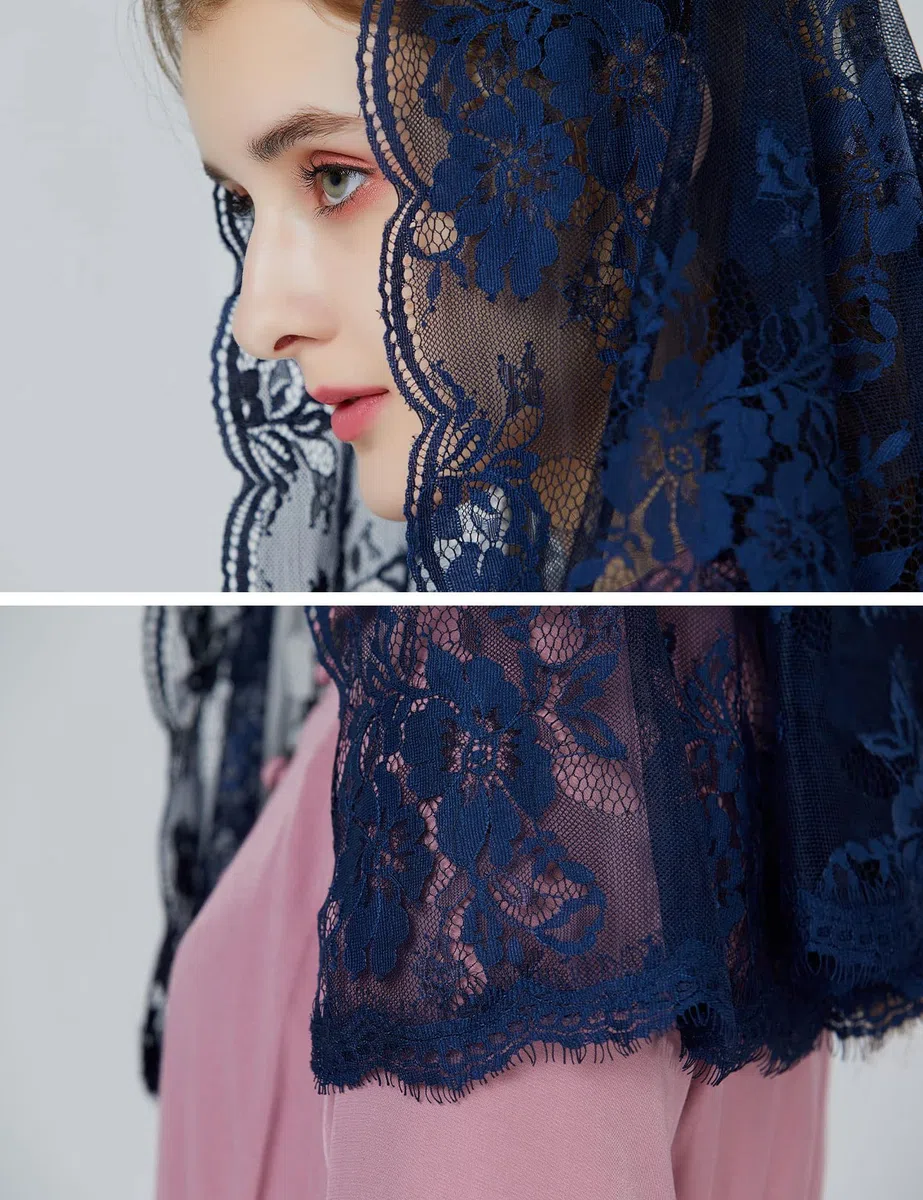 BEAUTELICATE Velo di Pizzo da Chiesa Donna Cattolica Mantilla Sciarpa Copricapo Foulard Velo Muliebre per Chiesa Messa In Latino Nero Blu V115