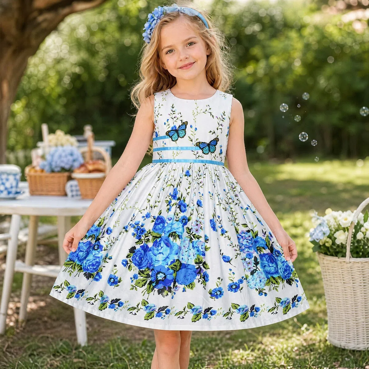 Sunny Fashion Vestito Bambina Viola Rosa Fiore Doppio Cravatta a Farfalla Festa Bambini Sole 4-12 Anni