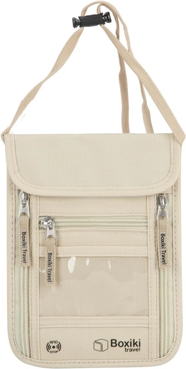 Portafoglio da Collo con Protezione RFID Beige - Borsello da Collo Antifurto in Nylon Ripstop Impermeabile con 5 Tasche e Tracolla Regolabile per Passaporto, Documenti, Carte e Contanti in Viaggio