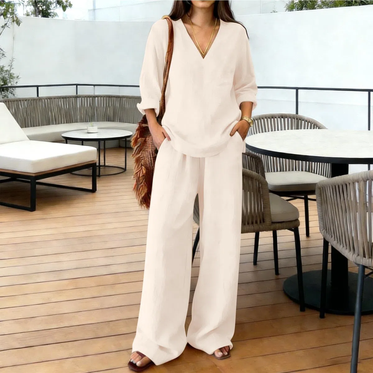 Generico Completo Di Lino Donna Estivo 2 Pezzi Pantalone Lungo Estivo Tuta Elegante Maniche 3/4 Completo Estiva Curvy Tute Casual Completi Leggera Comodi Set Mare Spiaggia Larghi Drop Shoulder