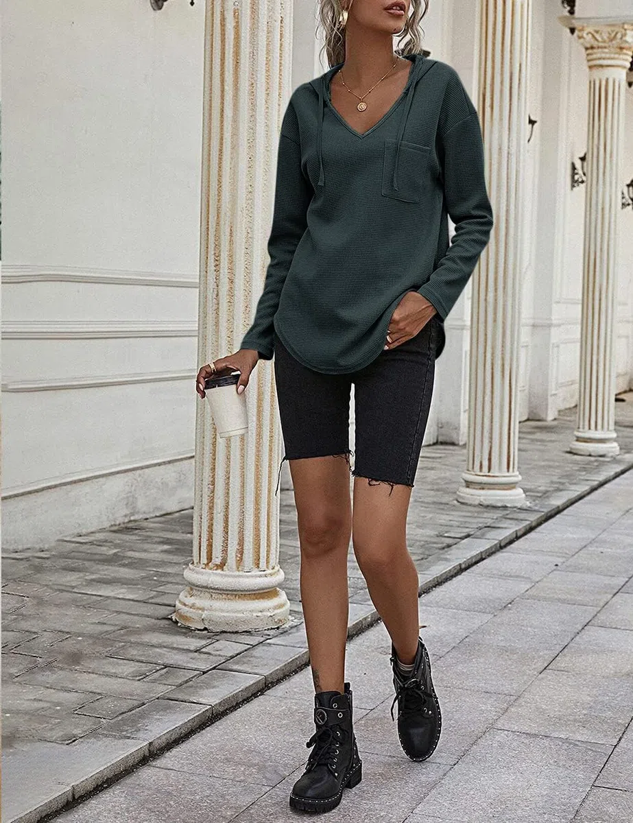 Cuptacc Felpa Donna con Cappuccio 2024 Maglione Scollo A V Autunno Maglia Manica Lunga Camicia Elegante