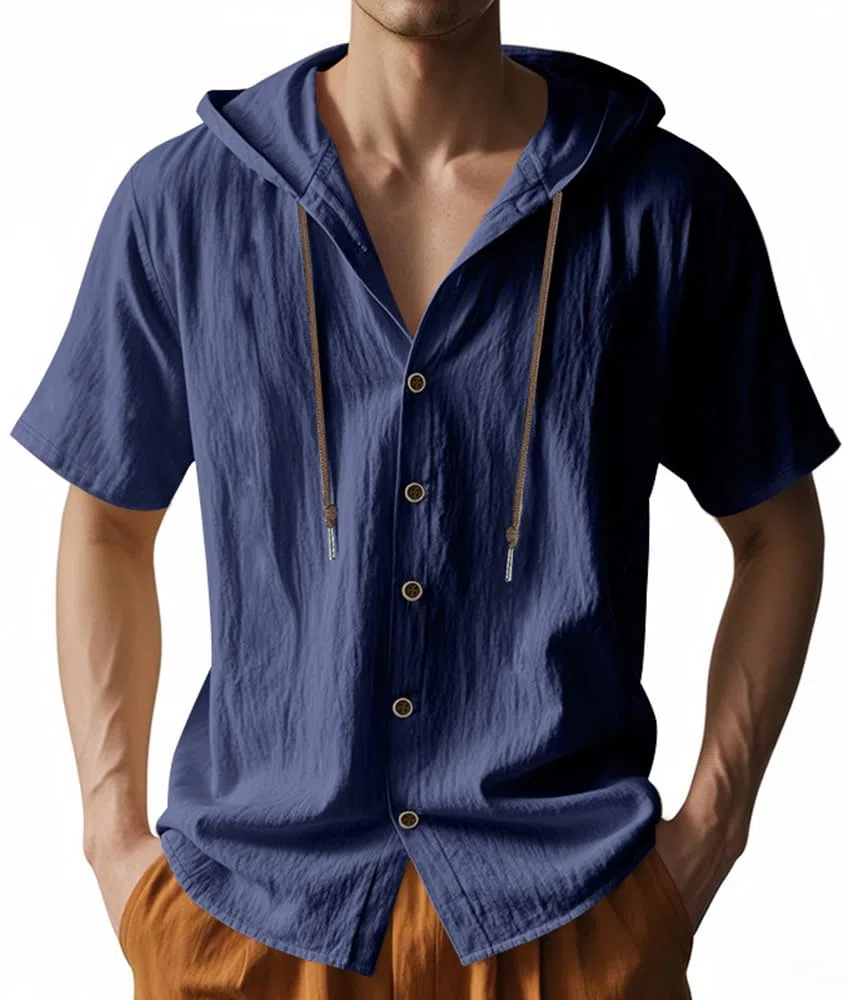 T-Shirt da Uomo in Lino a Maniche Corte con Cappuccio e Bottoni, Camicia in Lino, Cardigan con Cappuccio