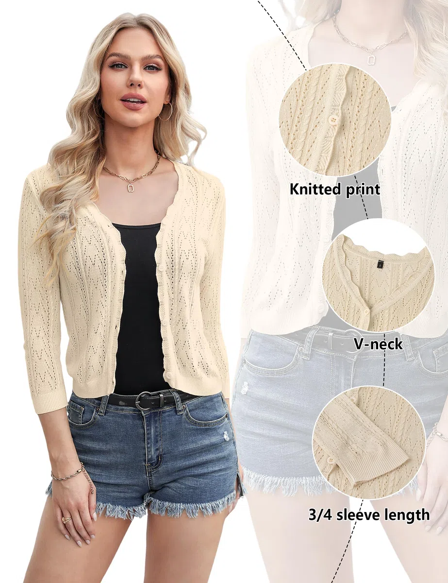 Gyabnw Cardigan Donna Elegante con Bottoni Coprispalle Donna Estivo Casual Cardigan in Maglia Cava a 3/4 Maniche Lavorato a Bolero Shrug