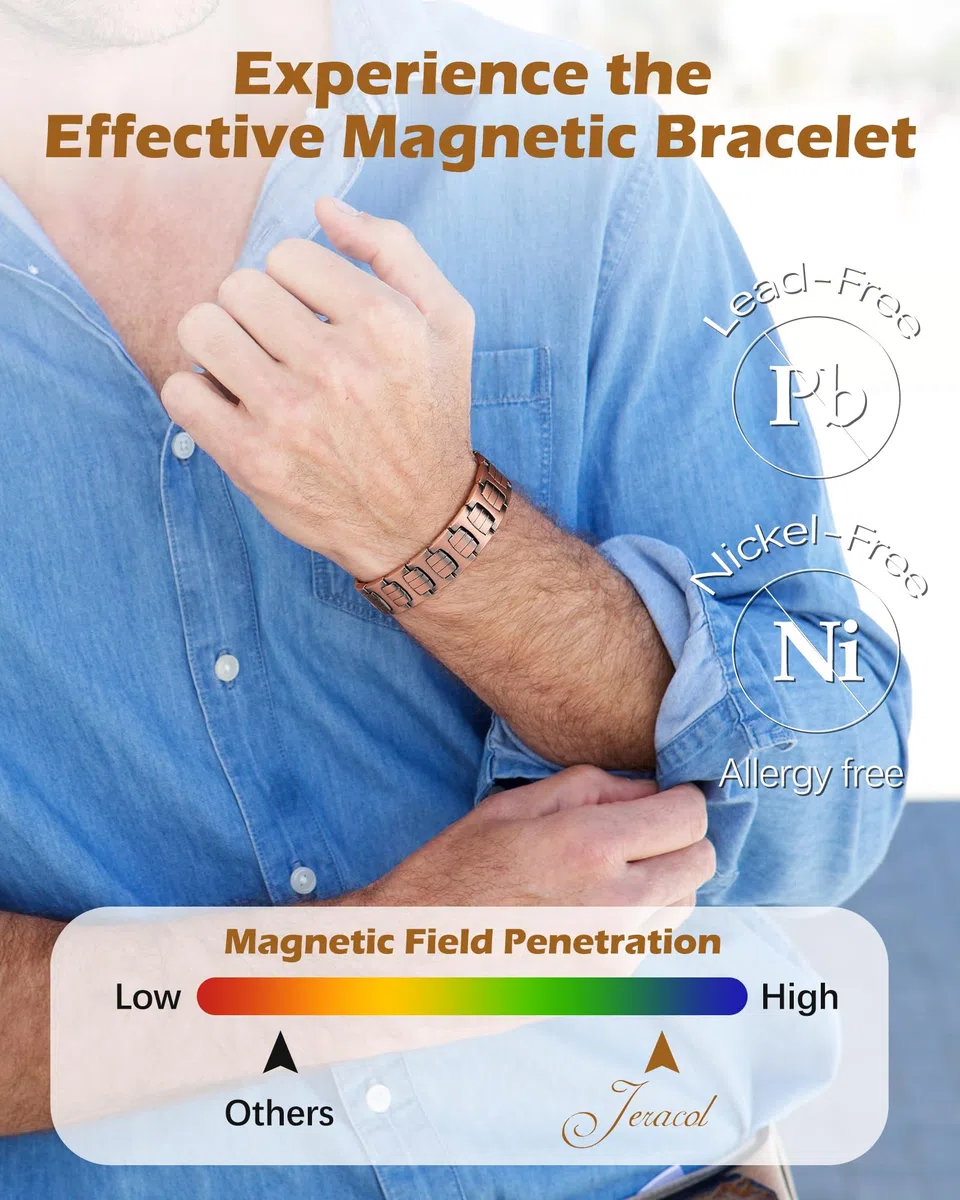 Jeracol Braccialetti da uomo in rame 99% Soild, braccialetto in rame con magneti, dimensioni regolabili e confezione regalo per gioielli, 22 cm