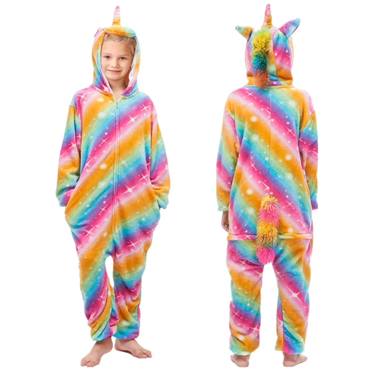 Leonshco Pigiama con Unicorno, Pigiama da Bambino, Costume da Unicorno, Tuta in Peluche, Morbido e Confortevole, Design con Cappuccio a Cartoni Animati, Multicolore, Unisex, 5-10 Anni