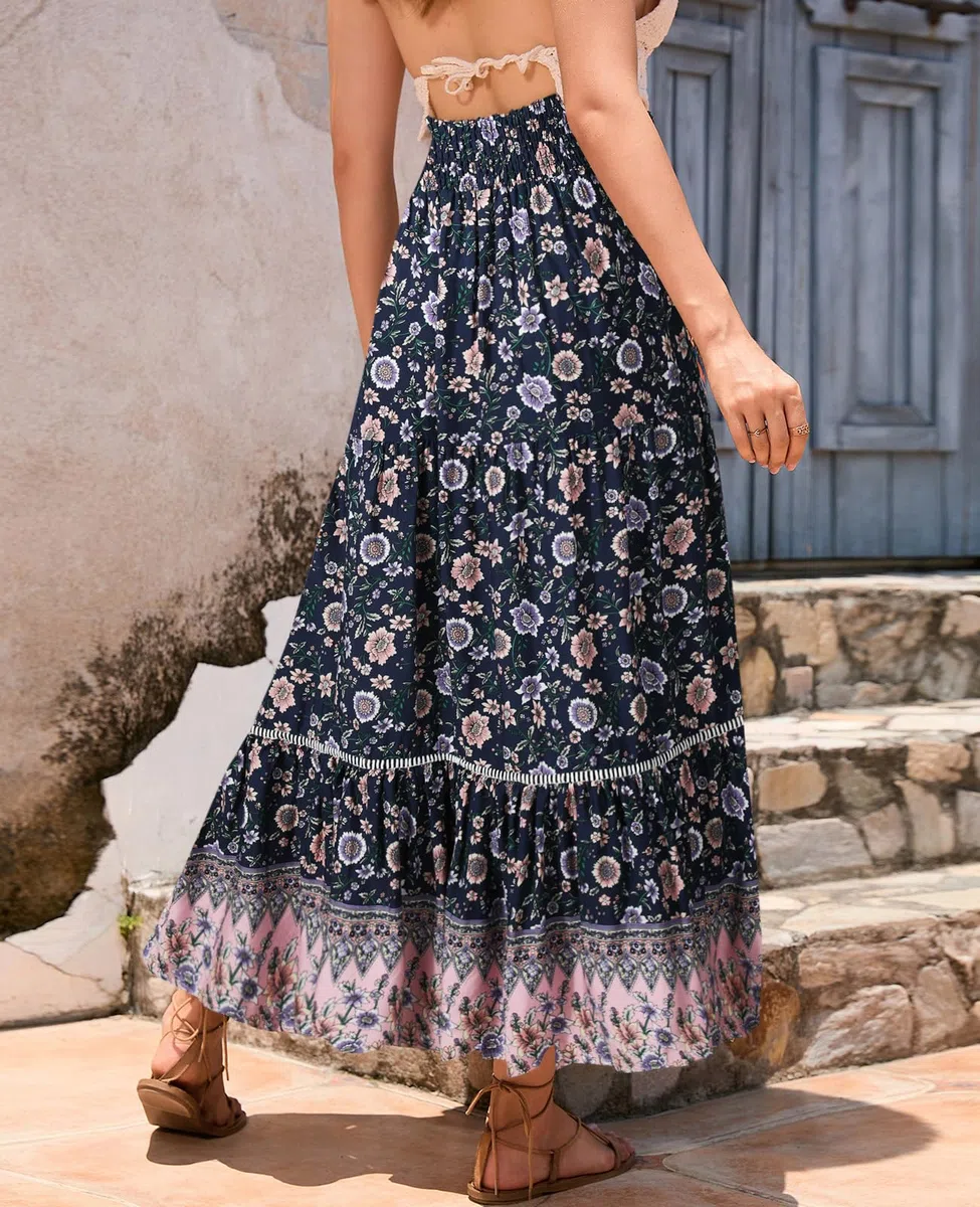 Genfien Gonna Donna Pieghettato Retro Maxi 2 in 1 Elegante Elastico Vita A-Linea Bohemien Sciolto Abiti da Spiaggia Vacanze Estate Casual