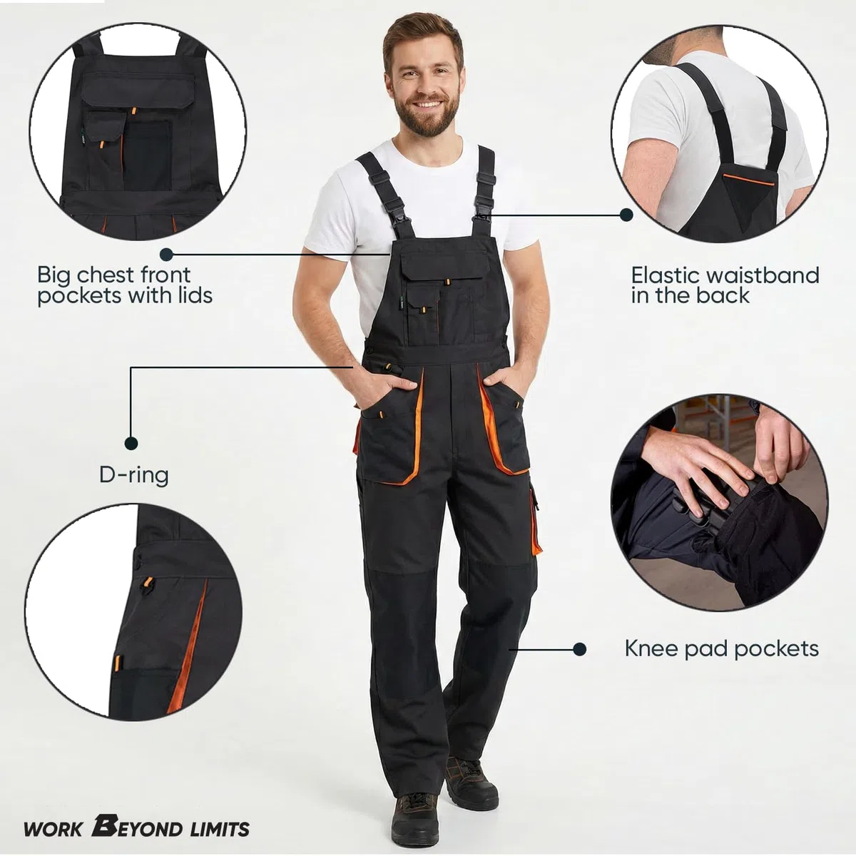 BWOLF Atlas - Salopette da lavoro, da uomo, con tasche multifunzionali, colore: grigio scuro/arancione