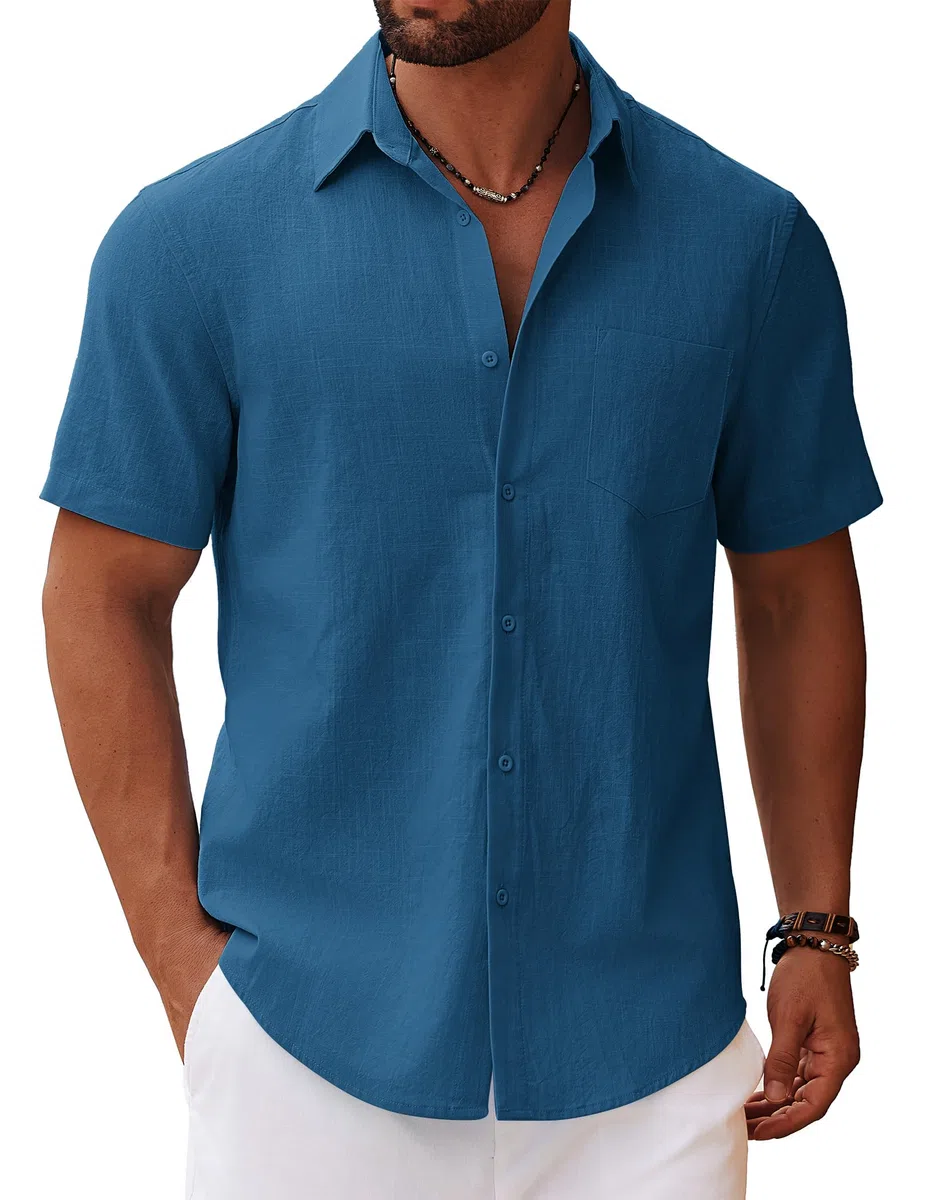 COOFANDY Camicia da Uomo a Maniche Corte Leggera Camicia Estiva Camicie da Spiaggia Casual Vacanze con Taschino S-4XL